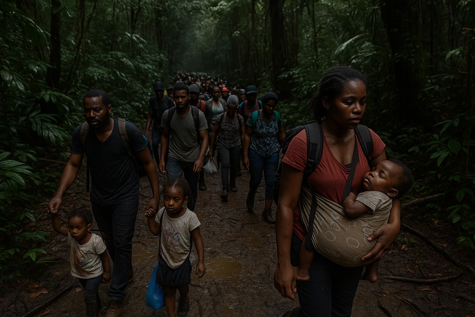 Eine große Gruppe haitianischer Migranten marschiert auf einem schlammigen Dschungelpfad durch den Darién Gap; im Vordergrund trägt eine Frau ein schlafendes Kind, während Männer Kinder an den Händen führen.
