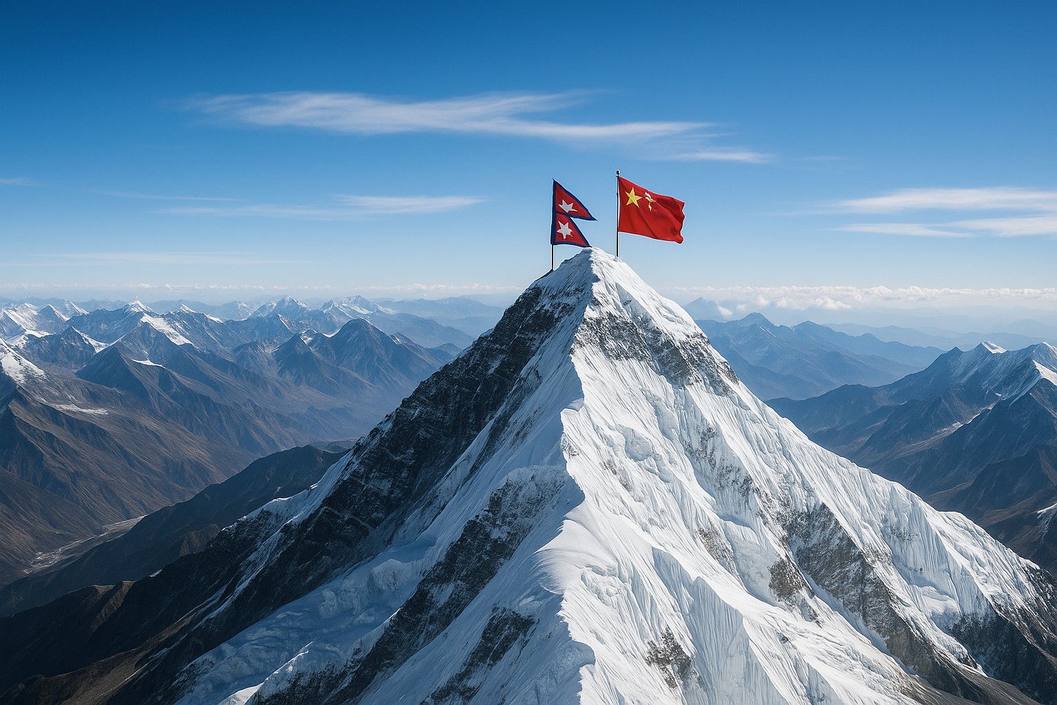Eine atemberaubende Panoramaaufnahme des Mount Everest mit schneebedecktem Gipfel, aufgenommen bei klarer Sicht, als Symbol der gemeinsamen Höhenmessung von Nepal und China im Jahr 2020.