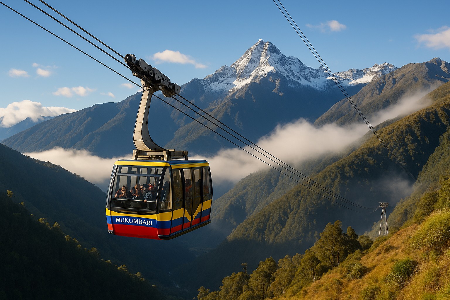 Eine moderne Kabine des Mukumbarí-Seilbahnsystems schwebt über den Anden in Venezuela, mit venezolanischen Farben bemalt, während im Hintergrund schneebedeckte Gipfel und bewaldete Täler im Sonnenlicht erstrahlen.
