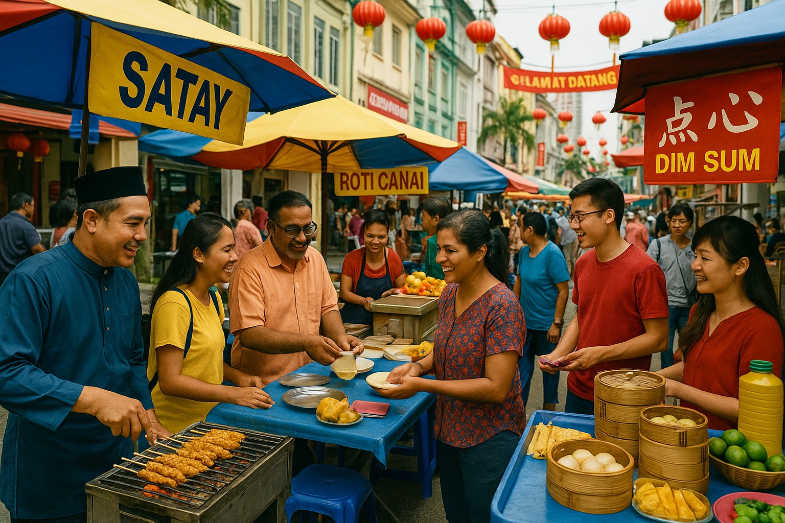 Straßenmarkt in Malaysia mit Verkäufern und Käufern verschiedener Herkunft: Ein malaiischer Mann grillt Satay, ein indischer Verkäufer reicht Roti Canai, und ein chinesischer Stand bietet Dim Sum an.