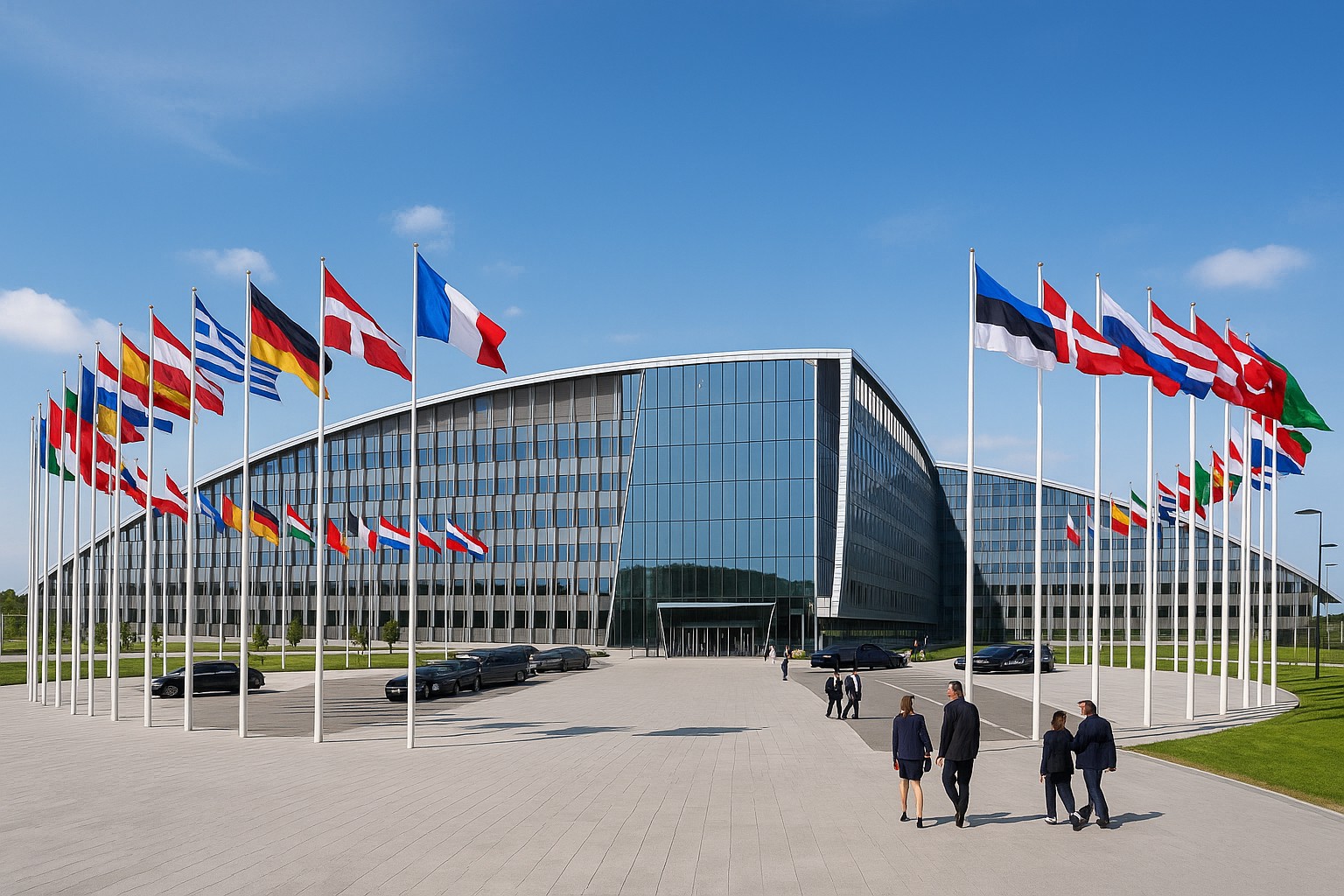 Ein fotorealistisches Bild zeigt das moderne NATO-Hauptquartier in Brüssel. Im Vordergrund weht eine Reihe von Nationalflaggen der Mitgliedsstaaten, während Diplomaten in Anzügen über den großen Vorplatz schreiten. Das Hauptgebäude mit seiner Glas- und Stahlarchitektur reflektiert den blauen Himmel und symbolisiert die sicherheitspolitische Bedeutung der Stadt.