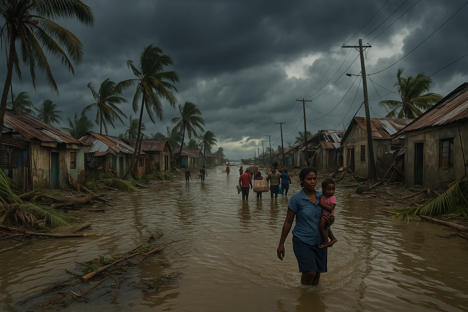 Eine überschwemmte Straße in einer haitianischen Küstenstadt nach einem Hurrikan; zerstörte Häuser mit Wellblechdächern, umgestürzte Palmen und Bewohner waten durch knietiefes Wasser, eine Frau trägt ein Kind.
