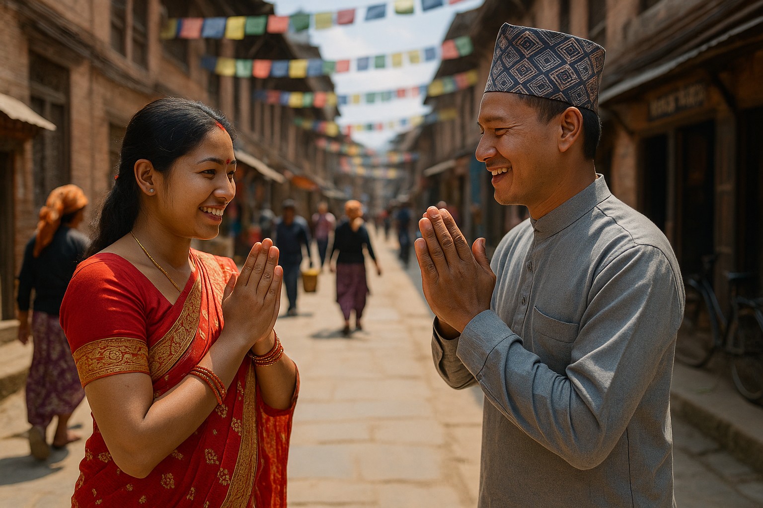 Ein nepalesisches Paar begrüßt sich mit „Namaste“ auf einer sonnigen Straße in Kathmandu, umgeben von roten Backsteingebäuden und bunten Gebetsfahnen.