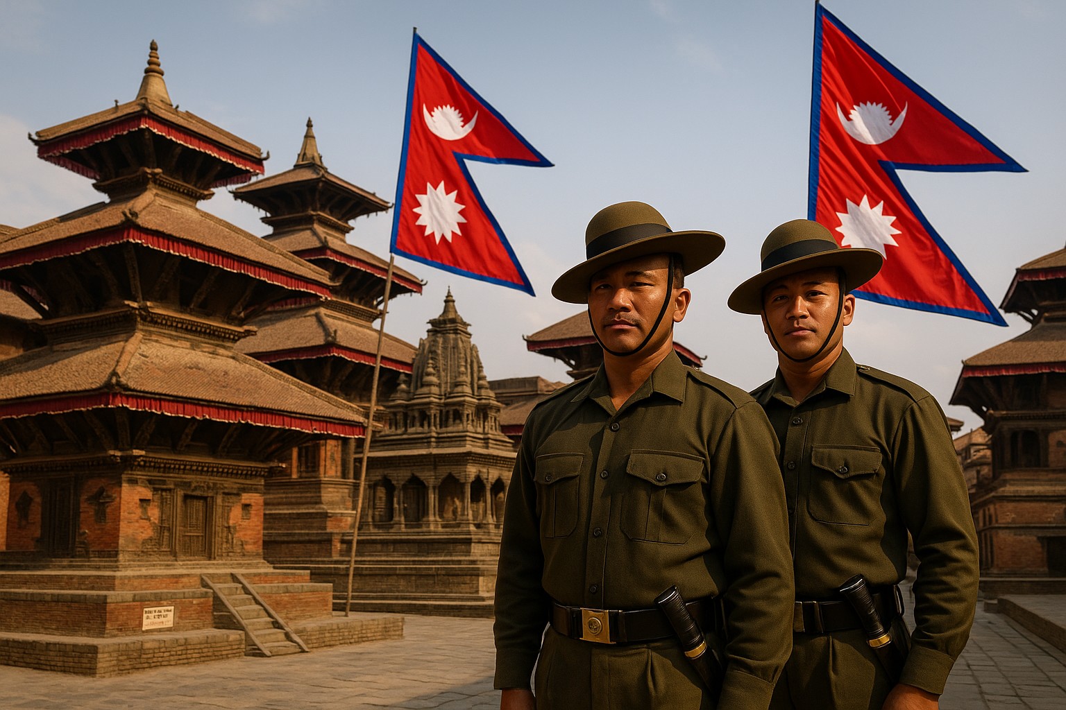 Historische Szene am Durbar Square in Kathmandu, Nepal, mit traditionellen Newar-Tempeln und Menschen in nepalesischer Kleidung, die den Alltag prägen.