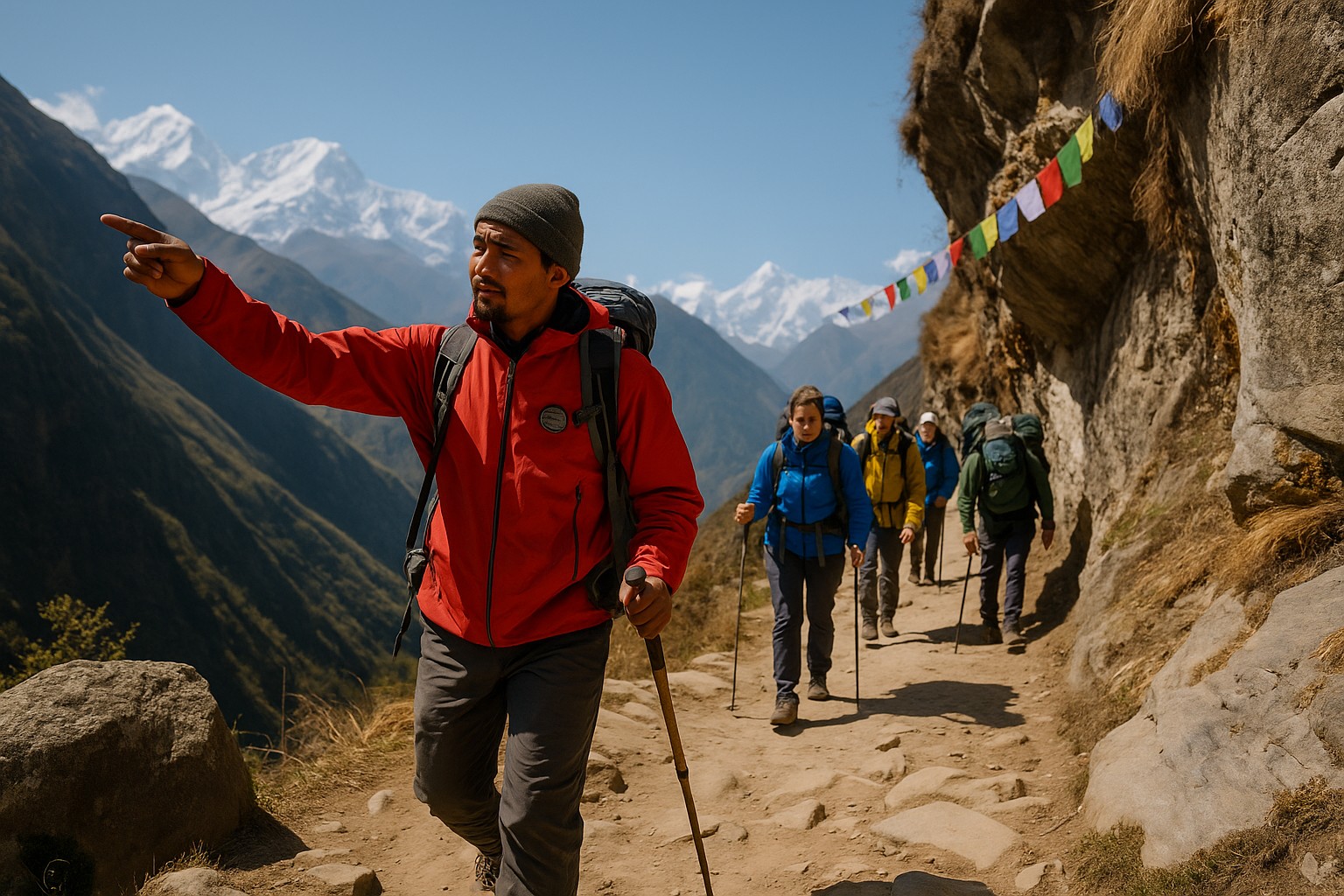 Ein hochauflösendes Foto zeigt eine Gruppe internationaler Trekker, die von nepalesischen Bergführern auf einem steilen Himalaya-Pfad begleitet werden.
