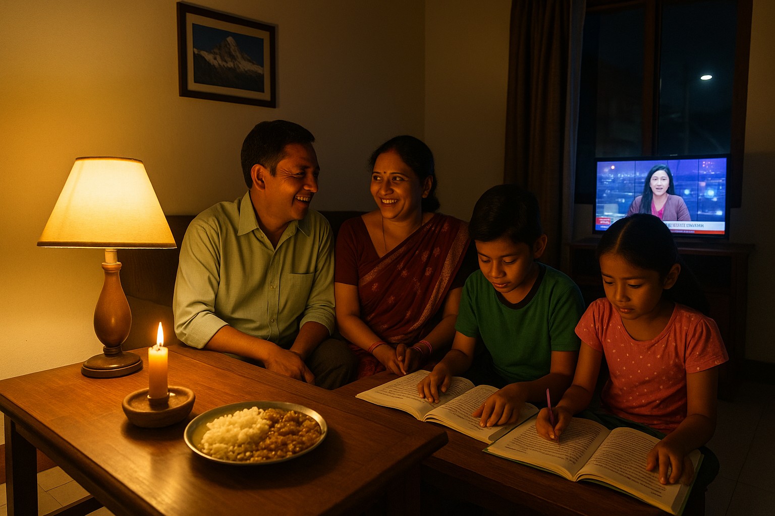 Eine nepalesische Familie sitzt abends im Wohnzimmer bei Kerzen- und Lampenlicht; die Eltern unterhalten sich, während die Kinder Hausaufgaben machen, im Hintergrund läuft ein Fernseher mit Nachrichten.