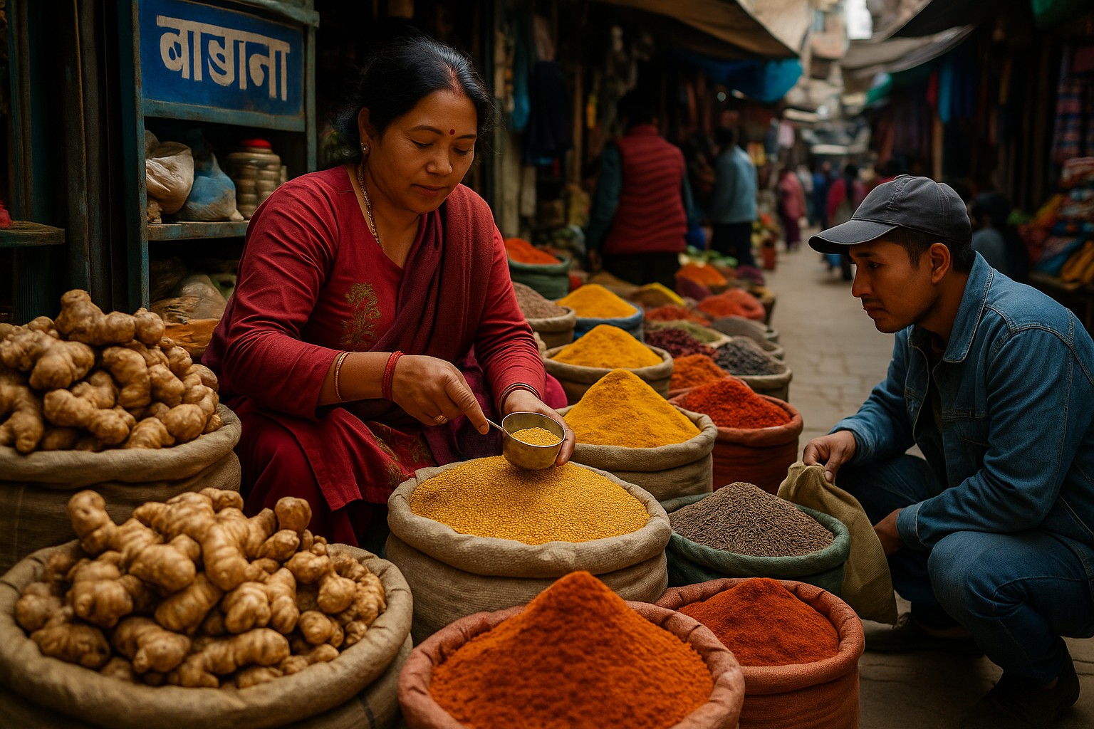 Eine nepalesische Händlerin sitzt in einem Gewürzmarkt und schöpft Senfkörner aus einem Sack, umgeben von bunten Haufen aus Kurkuma, Chili, Kreuzkümmel und frischem Ingwer.