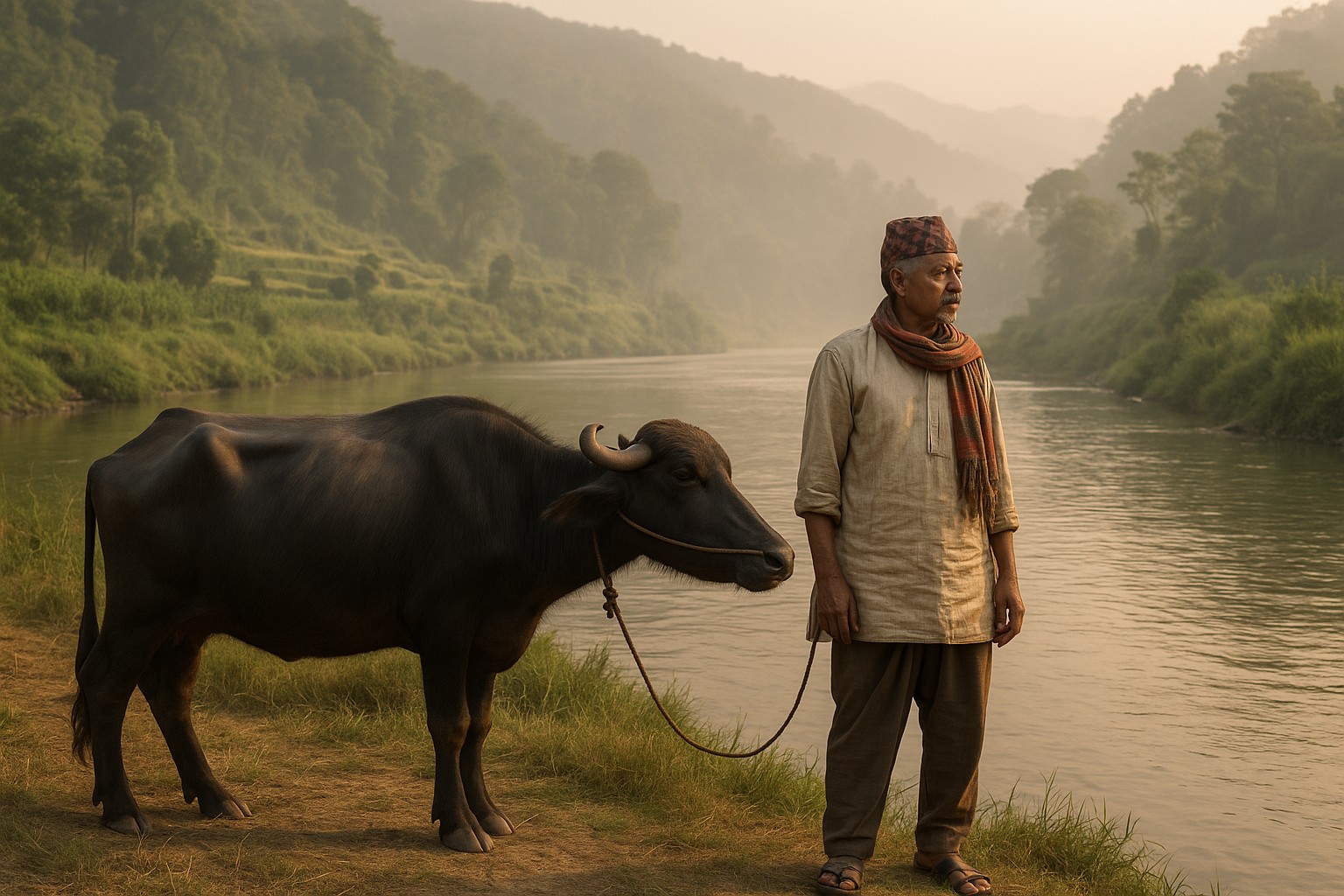 Ein nepalesischer Bauer in traditioneller Kleidung steht am Ufer eines Flusses mit seinem Wasserbüffel neben sich, während die morgendliche Sonne den Nebel über den Hügeln erleuchtet.