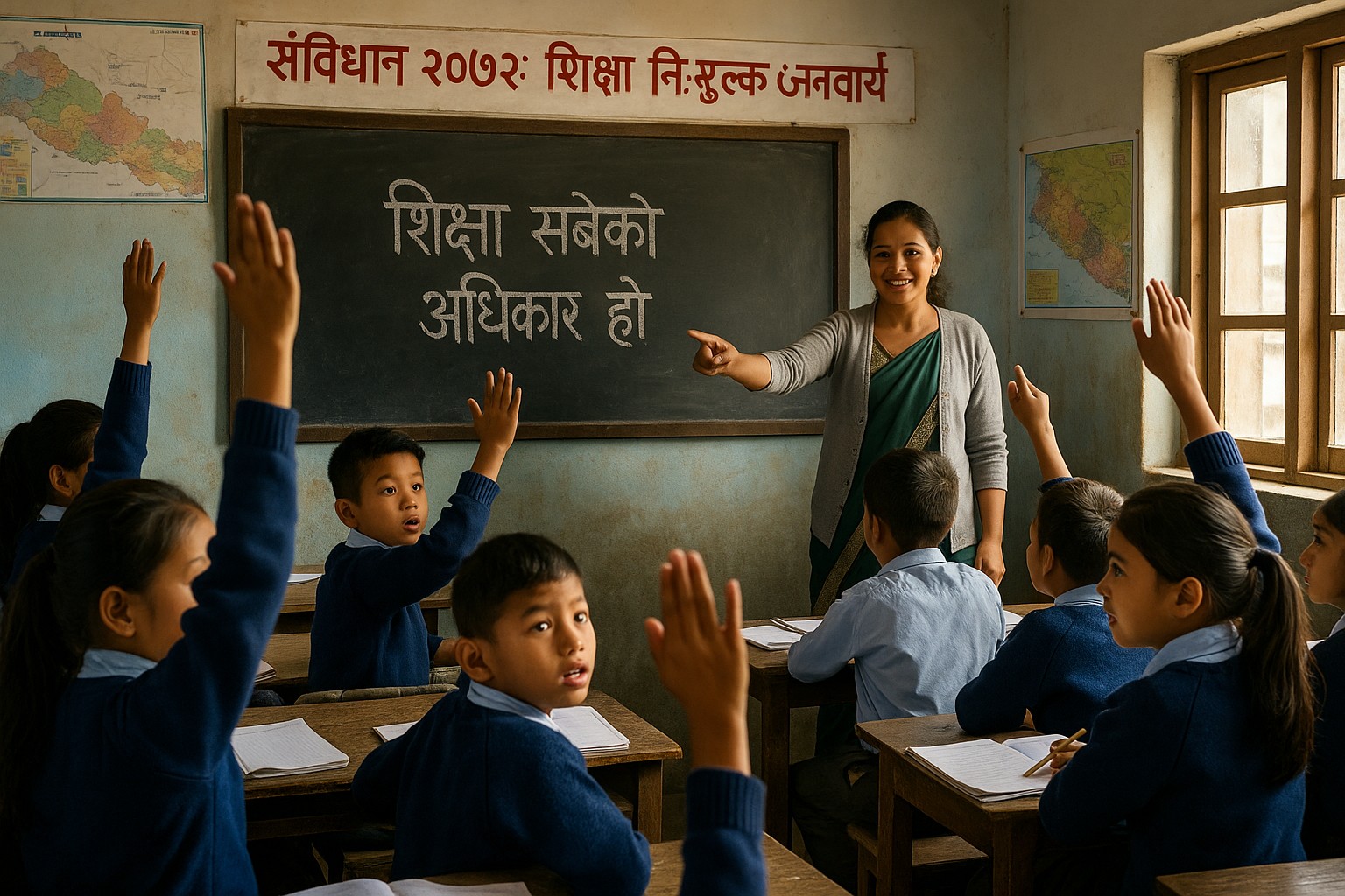 Eine Lehrerin in traditioneller Kleidung unterrichtet Schüler in einem nepalesischen Klassenzimmer, während mehrere Kinder die Hand heben.