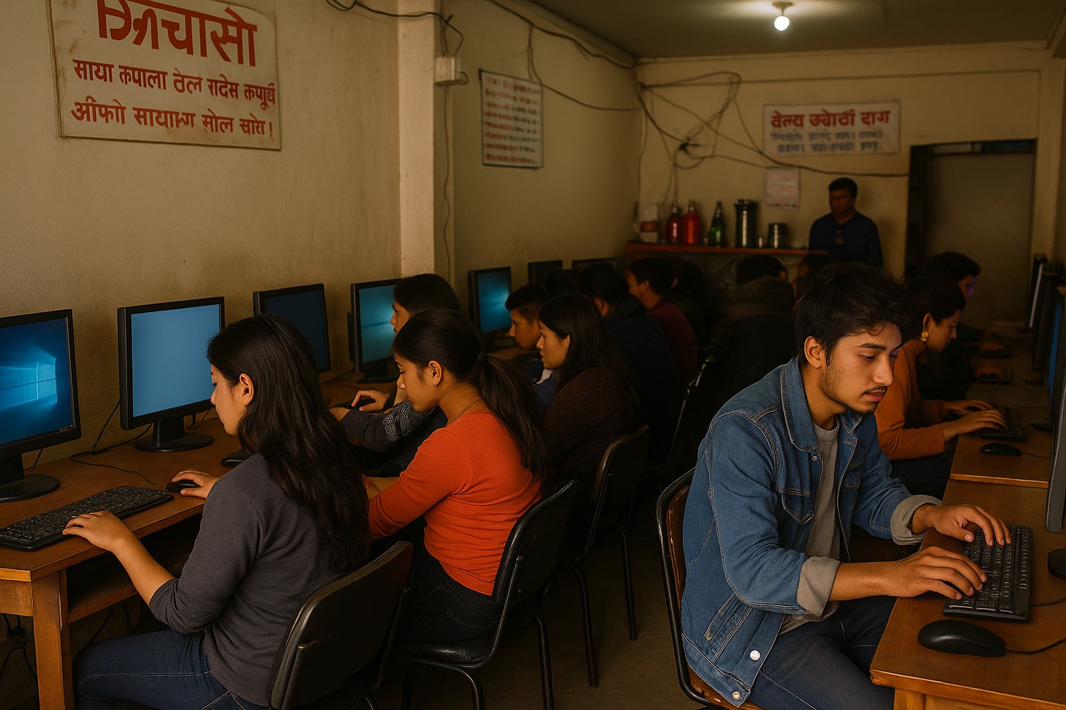 Ein Internetcafé in Nepal mit jungen Menschen, die an Desktop-Computern arbeiten, während nepalesische Schilder in Devanagari-Schrift an den Wänden hängen.