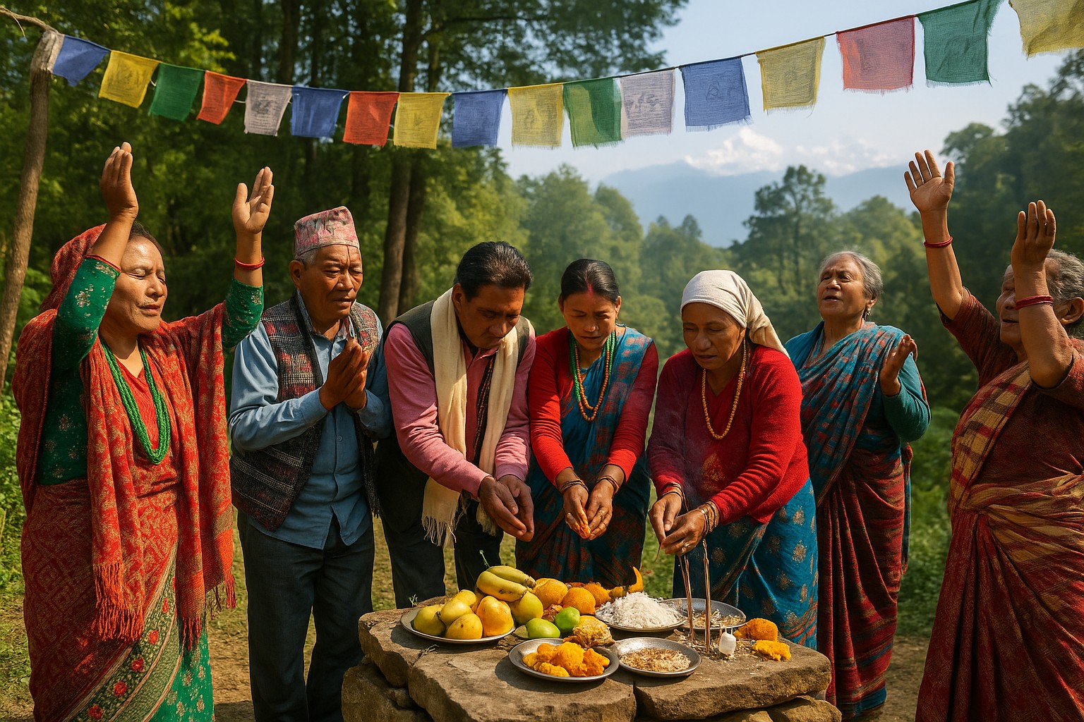 Eine Gruppe nepalesischer Männer und Frauen in traditioneller Kleidung führt eine religiöse Zeremonie im Freien durch, vor einem Altar mit Früchten, Reis und Räucherwerk.