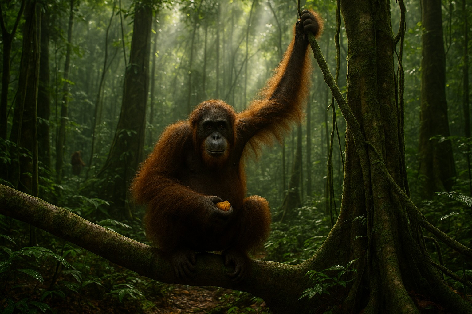 Ein Orang-Utan sitzt auf einem bemoosten Ast tief im Regenwald von Borneo. Er hält sich mit einem Arm an einer Liane fest und blickt ruhig in die Kamera, während Sonnenstrahlen durch das dichte Blätterdach fallen.