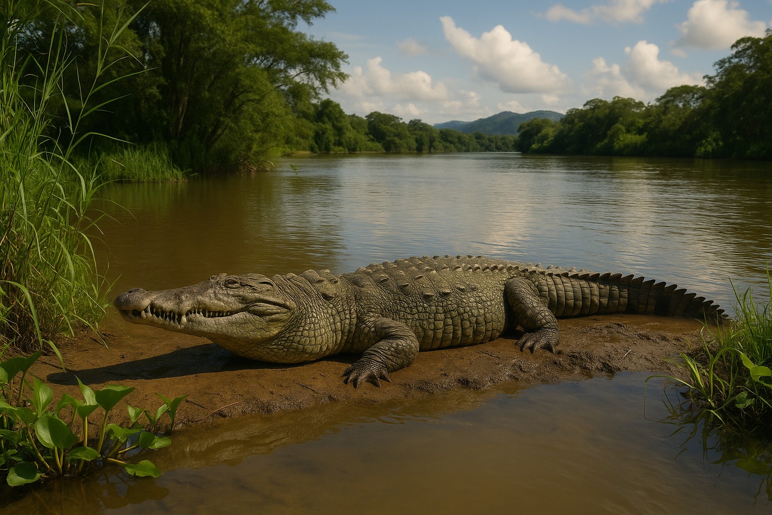 Ein hochrealistisches Foto zeigt einen gewaltigen Orinoko-Krokodil von etwa fünf Metern Länge, das auf einer schlammigen Flussbank am Orinoko in Venezuela liegt. Umgeben von Wasserpflanzen und dichtem Wald im Hintergrund, spiegelt sich ein Teil seines Körpers im Fluss.
