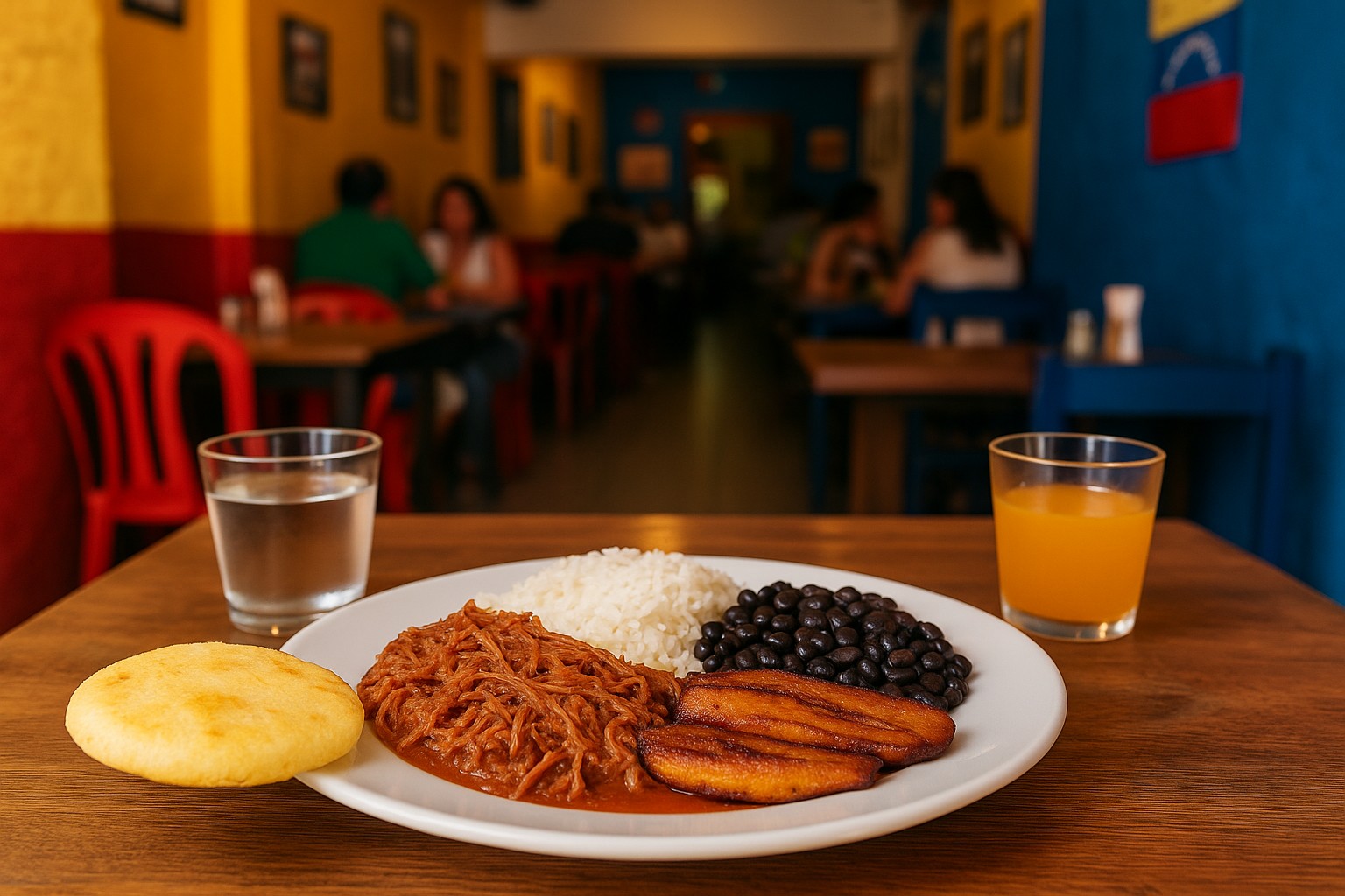 Ein traditionelles venezolanisches Gericht „Pabellón Criollo“ wird auf einem weißen Teller serviert, bestehend aus weißem Reis, schwarzen Bohnen, geschmortem Rindfleisch und gebratenen Kochbananen, begleitet von einer Arepa und Getränken auf einem Holztisch.
