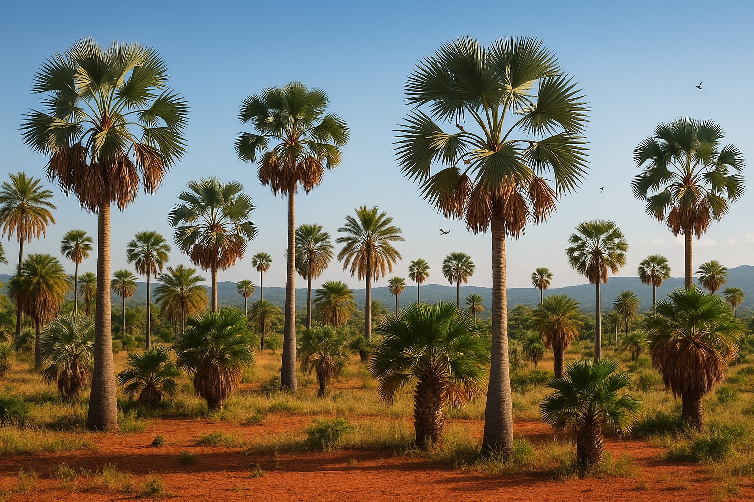 Eine vielfältige Palmenlandschaft in Madagaskar mit hohen Fächerpalmen und kleineren Arten, die auf rotem Boden wachsen. Im Hintergrund erheben sich sanfte Hügel unter einem klaren blauen Himmel, während einige Vögel über den Bäumen fliegen.