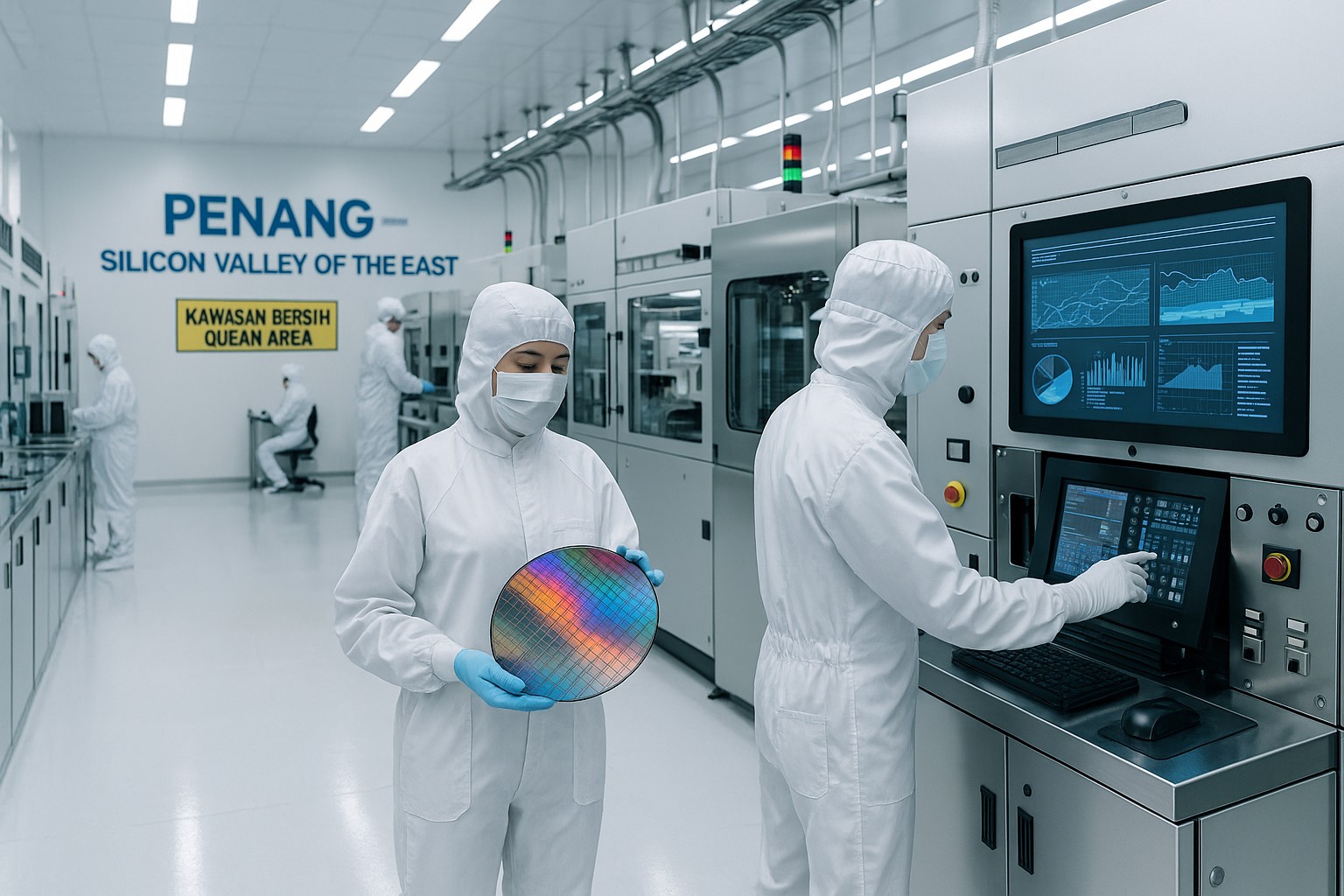 Techniker in weißen Reinraumanzügen arbeiten in einer Hightech-Fabrik in Penang, Malaysia; eine Frau hält eine bunte Siliziumscheibe, während ein Kollege Maschinen über digitale Bildschirme bedient.
