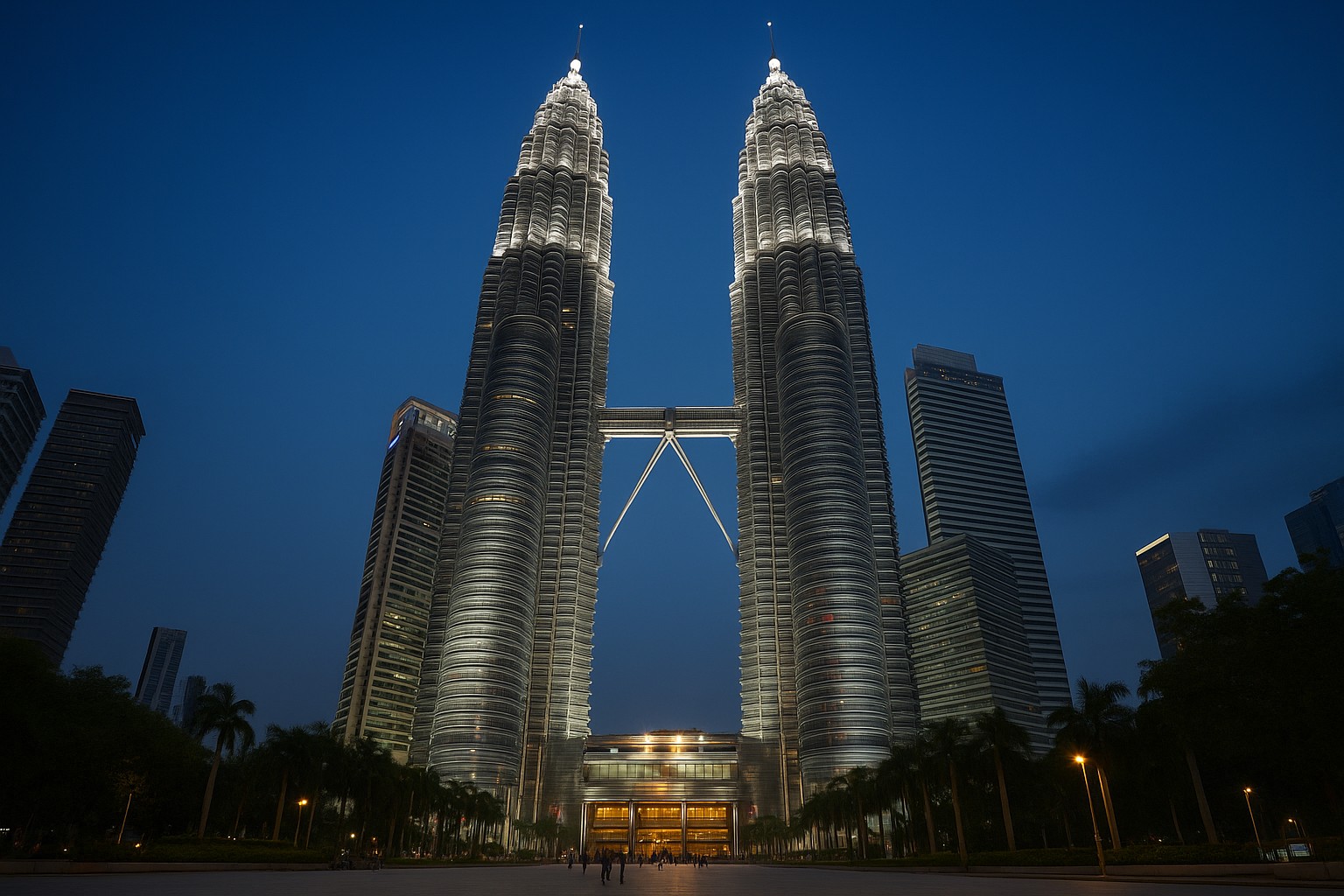 Die Petronas Twin Towers in Kuala Lumpur erheben sich majestätisch in den Himmel. Im Vordergrund sind der Platz mit Springbrunnen, malaysische Flaggen und einige Besucher zu sehen, die Fotos machen.