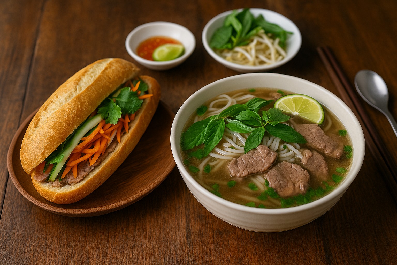 Ein traditionelles vietnamesisches Gericht mit einer Schüssel dampfender Phở-Nudelsuppe, serviert mit Rindfleisch, Kräutern und Limette, neben einem knusprigen Bánh mì-Sandwich, gefüllt mit Gemüse, Koriander und Paté.