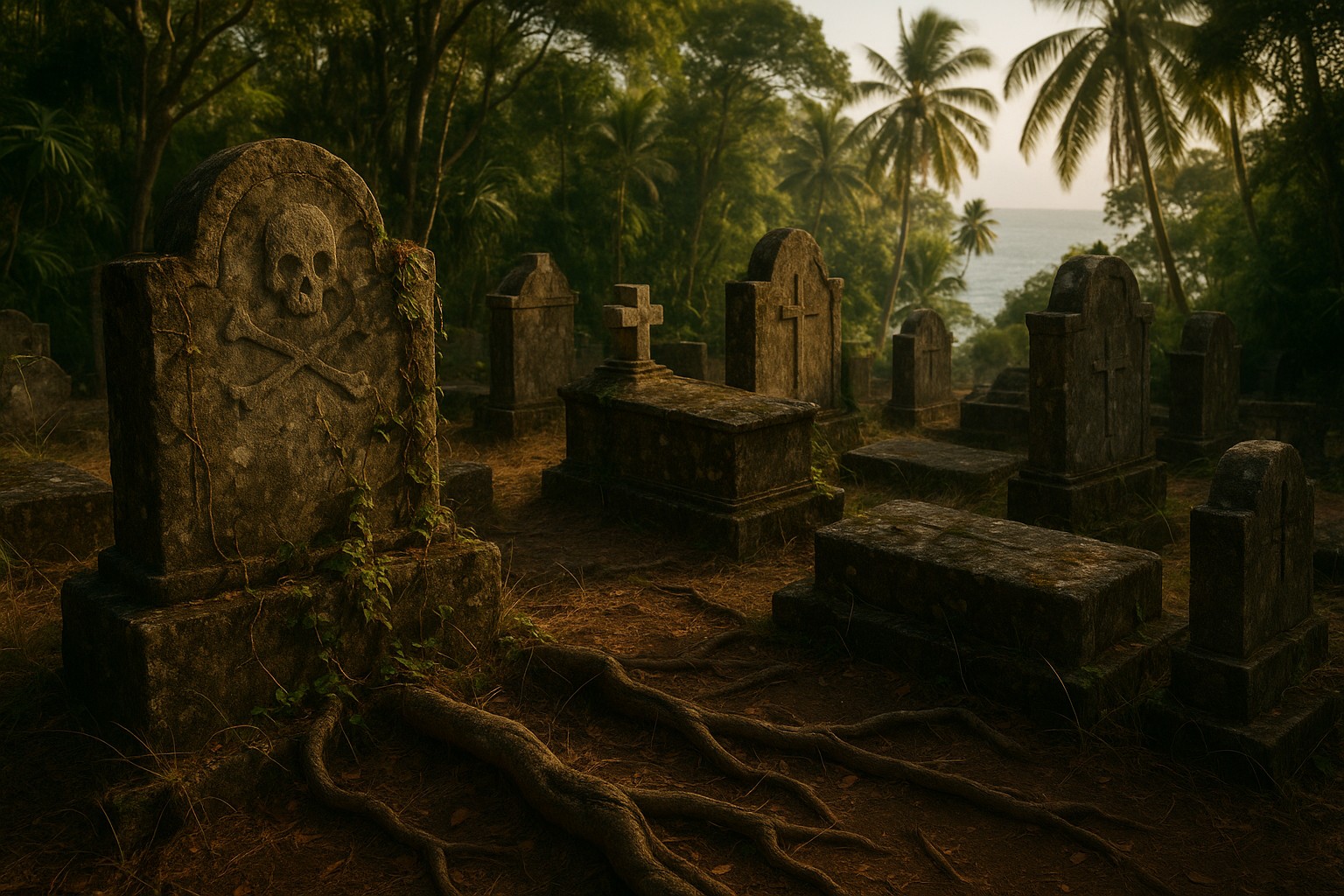 Ein verwitterter Piratenfriedhof auf Île Sainte-Marie in Madagaskar, mit alten Grabsteinen, umgeben von tropischem Dschungel und Blick auf den Indischen Ozean.