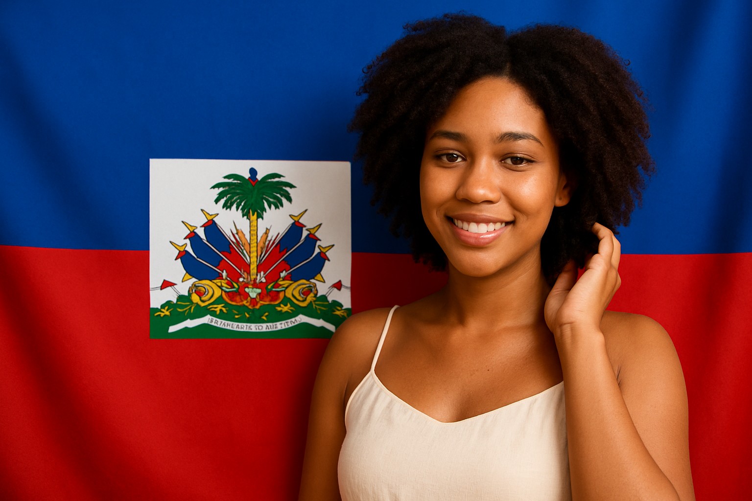 Porträt einer jungen Haitianerin vor der Flagge Haitis
