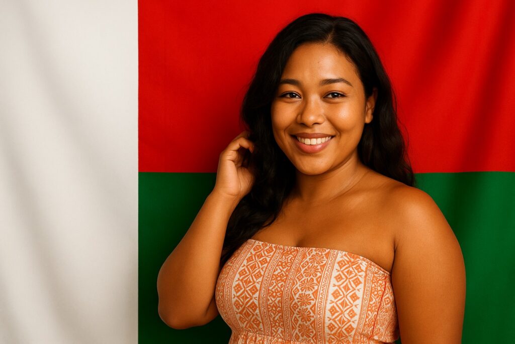 Junge Madagassin in einem modernen, schulterfreien Kleid mit dezenten Lamba-Mustern lächelt freundlich vor der Nationalflagge Madagaskars (weiß–rot–grün).