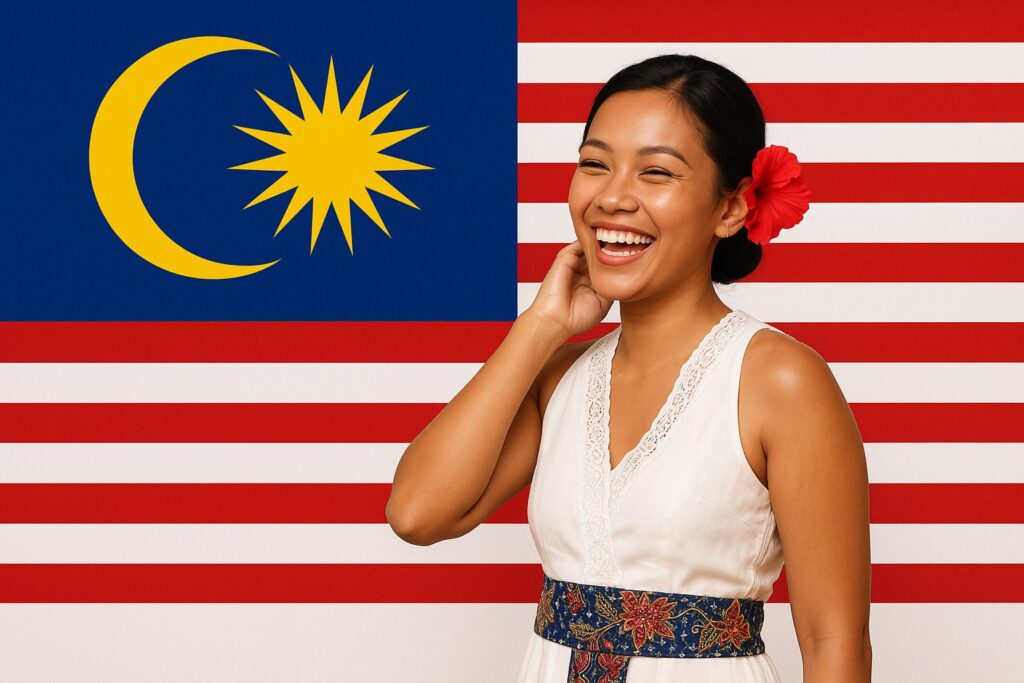 Junge malaysische Frau mit dunklem Haar im tiefen Dutt und roter Hibiskusblüte, lächelnd vor der Flagge Malaysias, in einem weißen ärmellosen Kleid mit Batikgürtel.