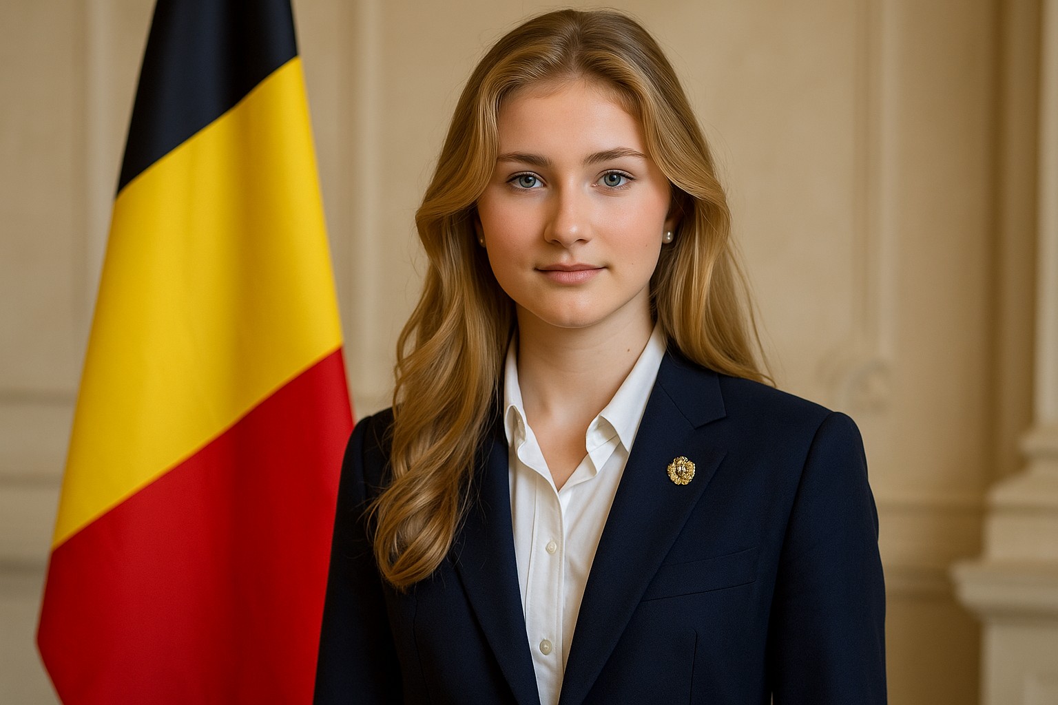 Ein fotorealistisches Porträt zeigt Prinzessin Elisabeth von Belgien in einem eleganten blauen Kleid mit einer Schärpe in den Nationalfarben Schwarz–Gelb–Rot. Sie steht aufrecht in einem Saal des Königspalastes, flankiert von einer belgischen Flagge, mit Marmorwänden, goldenen Vorhängen und weichem Tageslicht im Hintergrund.
