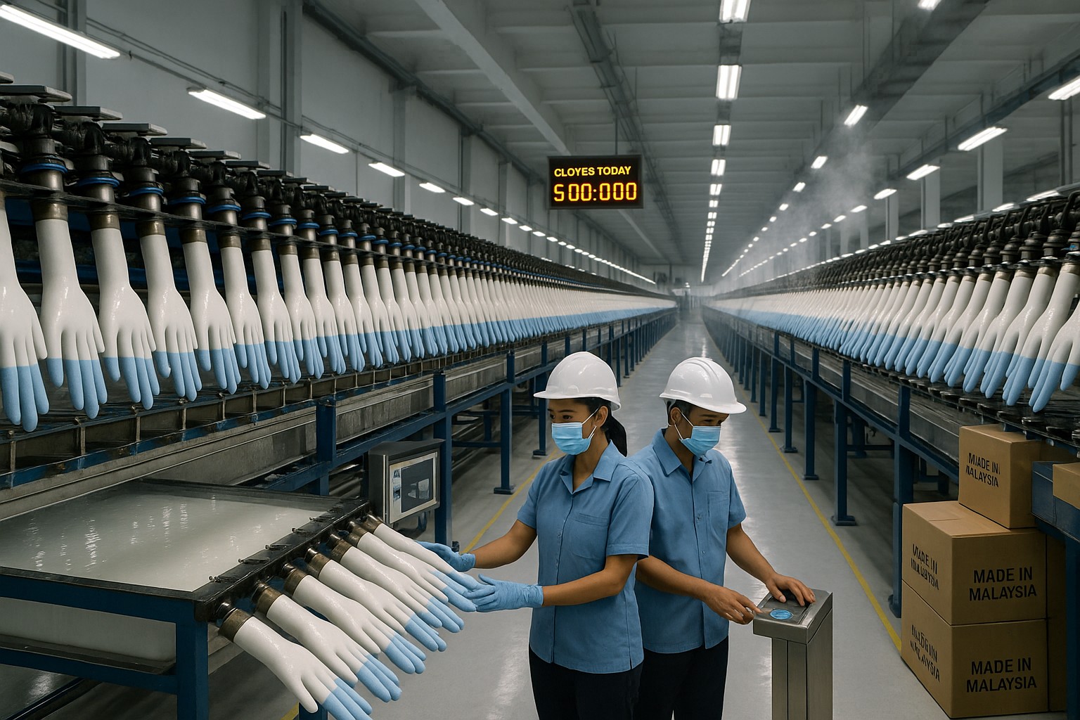 Innenaufnahme einer modernen malaysischen Handschuhfabrik mit langen Reihen keramischer Handformer, die frisch beschichtete Handschuhe tragen. Zwei Techniker in blauen Uniformen und weißen Helmen überprüfen die Produktion, während ein Display „Gloves Today: 500,000“ anzeigt.