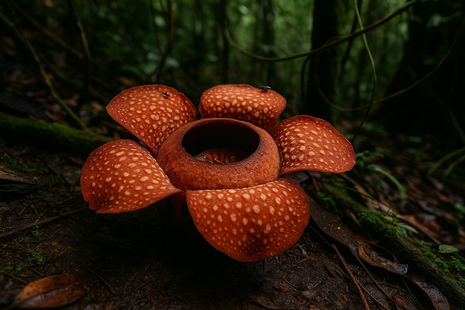 Nahaufnahme einer voll erblühten Rafflesia-Blüte im Regenwald von Sabah, Malaysia, mit roten, cremegefleckten Blütenblättern und dem charakteristischen großen zentralen Hohlraum.
