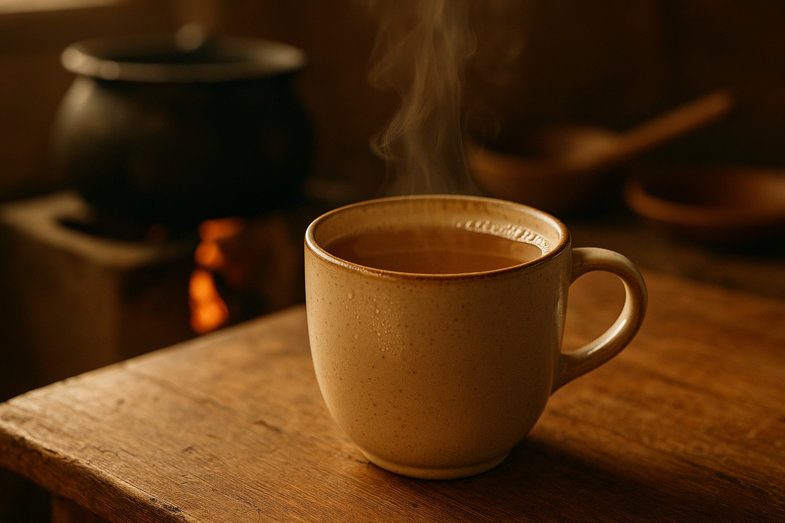 Ein dampfender Keramikbecher mit golden-braunem Ranovola steht auf einem alten Holztisch. Im Hintergrund sind unscharf ein traditioneller Metalltopf auf einem Herd und eine Holzschöpfkelle zu sehen.