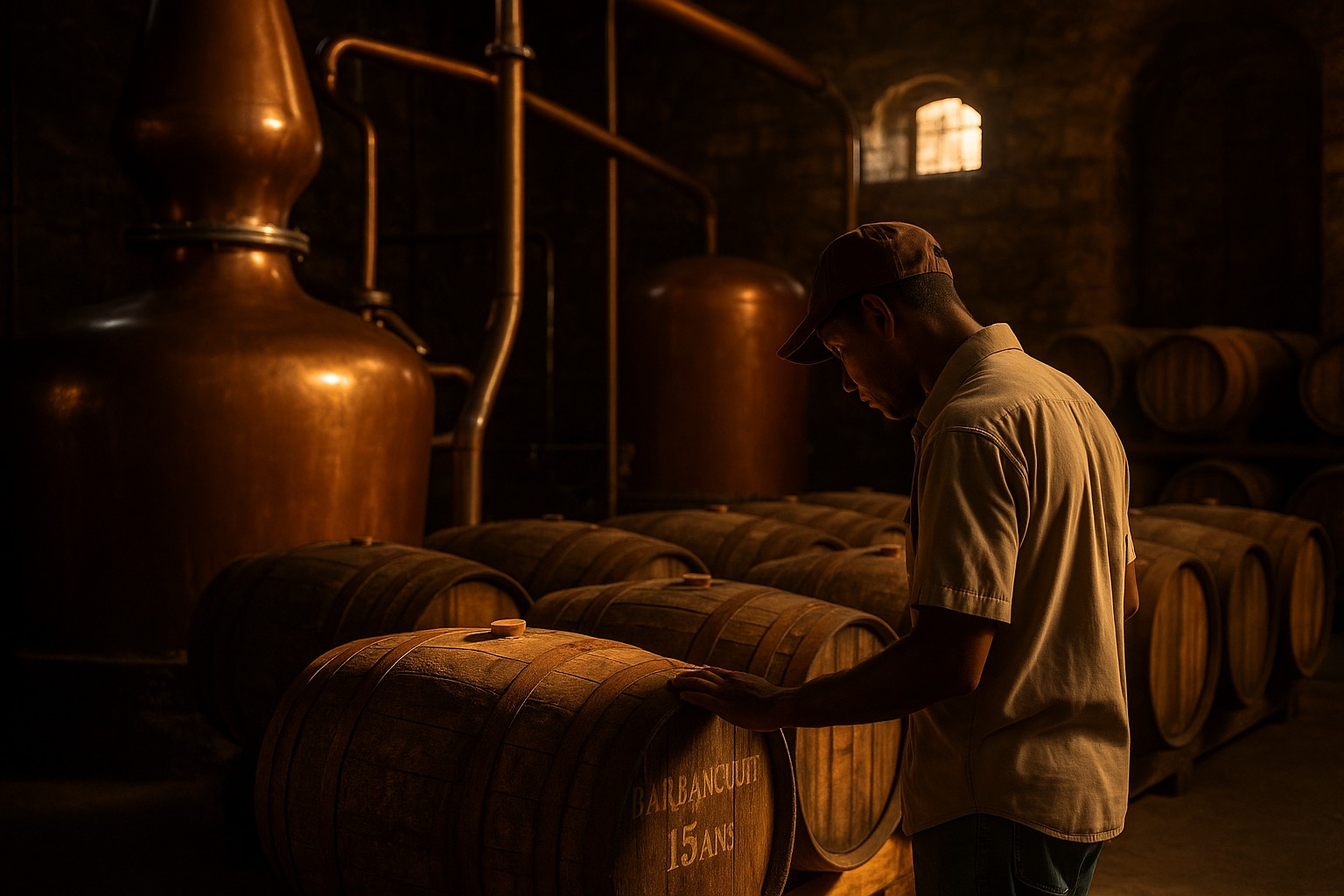 Innenaufnahme einer traditionellen Destillerie in Haiti, wo ein Arbeiter ein Eichenfass mit der Aufschrift „Barbancourt 15 ans“ inspiziert, umgeben von Kupferbrennblasen und weiteren Holzfässern im warmen Licht.
