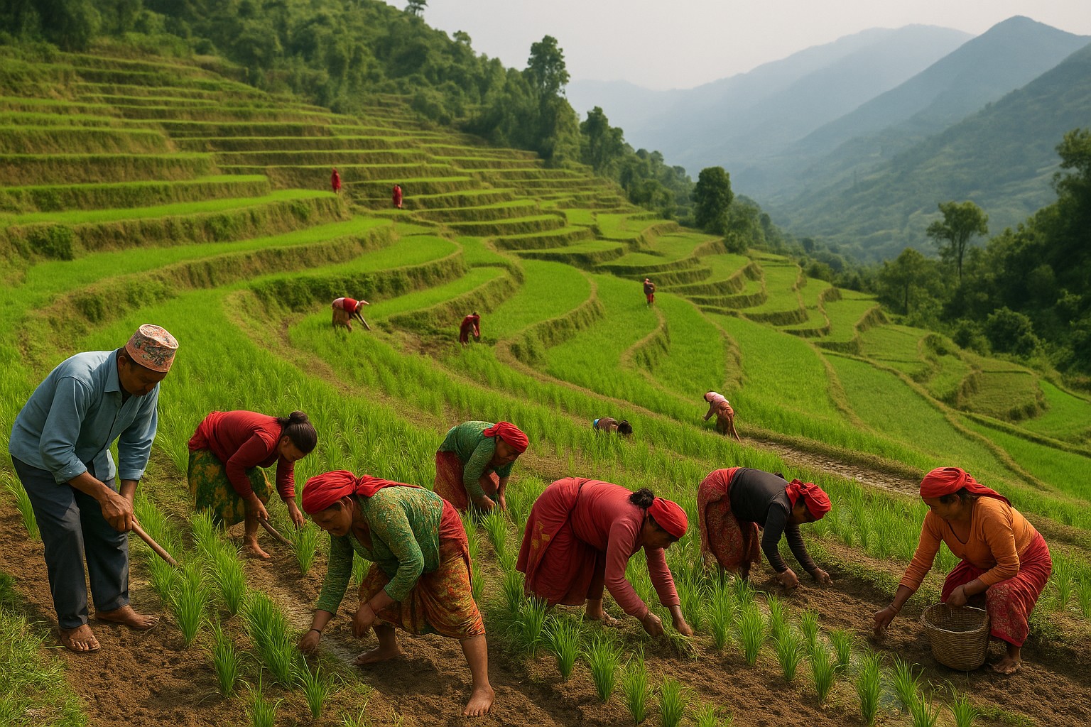 Nepalische Bauern arbeiten in traditionellen Terrassenfeldern, während im Hintergrund die grünen Reisterrassen und Berge zu sehen sind.
