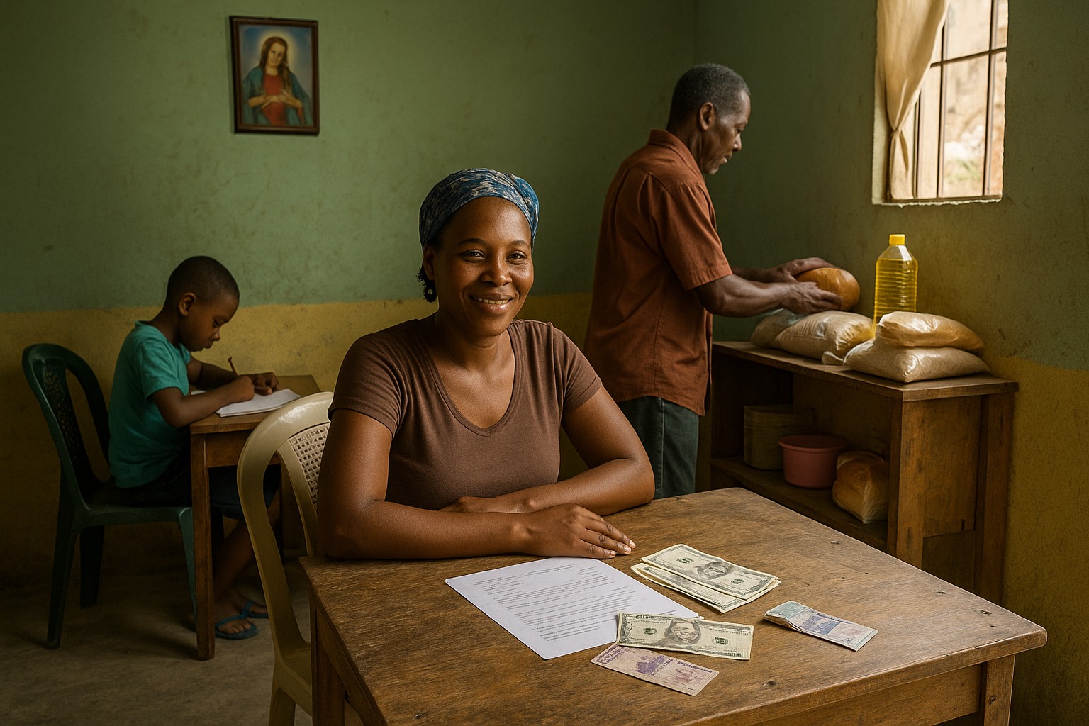 Eine haitianische Familie in einem einfachen Haus: Eine Frau sitzt lächelnd am Tisch mit Geldscheinen und Überweisungsbeleg, ein Kind macht Hausaufgaben am Schreibtisch, während ein älterer Mann Lebensmittel wie Reis und Brot ordnet.
