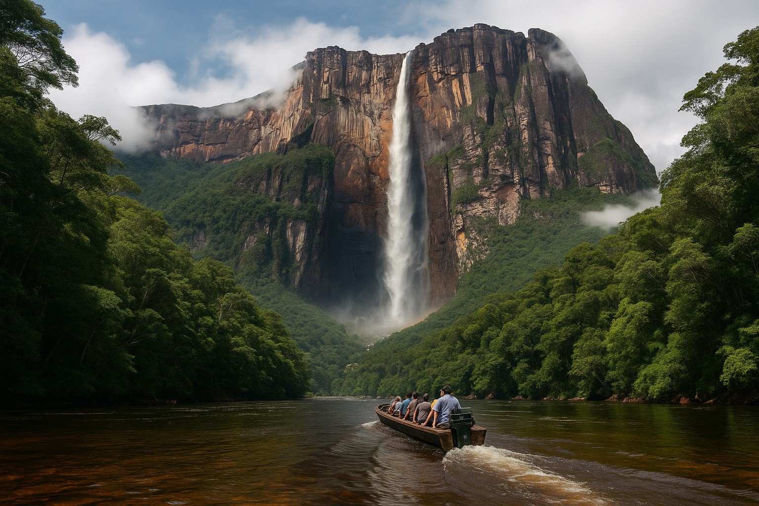 Ein realistisches Foto zeigt den Salto Ángel in Venezuela, der als höchster Wasserfall der Welt von der Spitze des Auyán-Tepui fast 1.000 Meter in die Tiefe stürzt. Im Vordergrund fährt ein langes hölzernes Curiara-Boot mit Reisenden den Fluss hinauf, umgeben von dichtem Regenwald.
