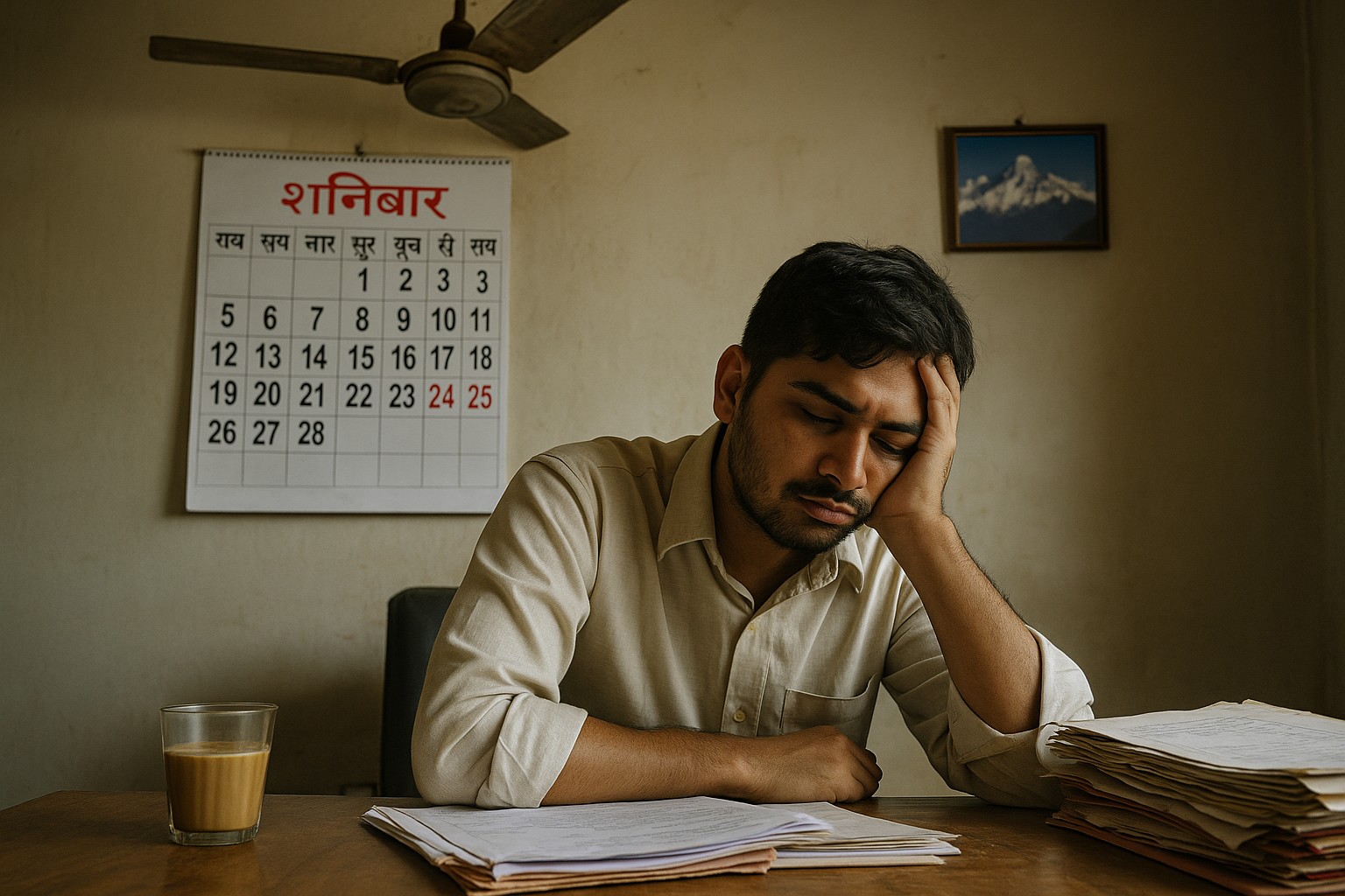 Ein junger nepalesischer Büroangestellter sitzt erschöpft an einem Schreibtisch mit Aktenstapeln und einem Glas Tee, während ein Wandkalender im Hintergrund den Samstag als einzigen freien Tag markiert.