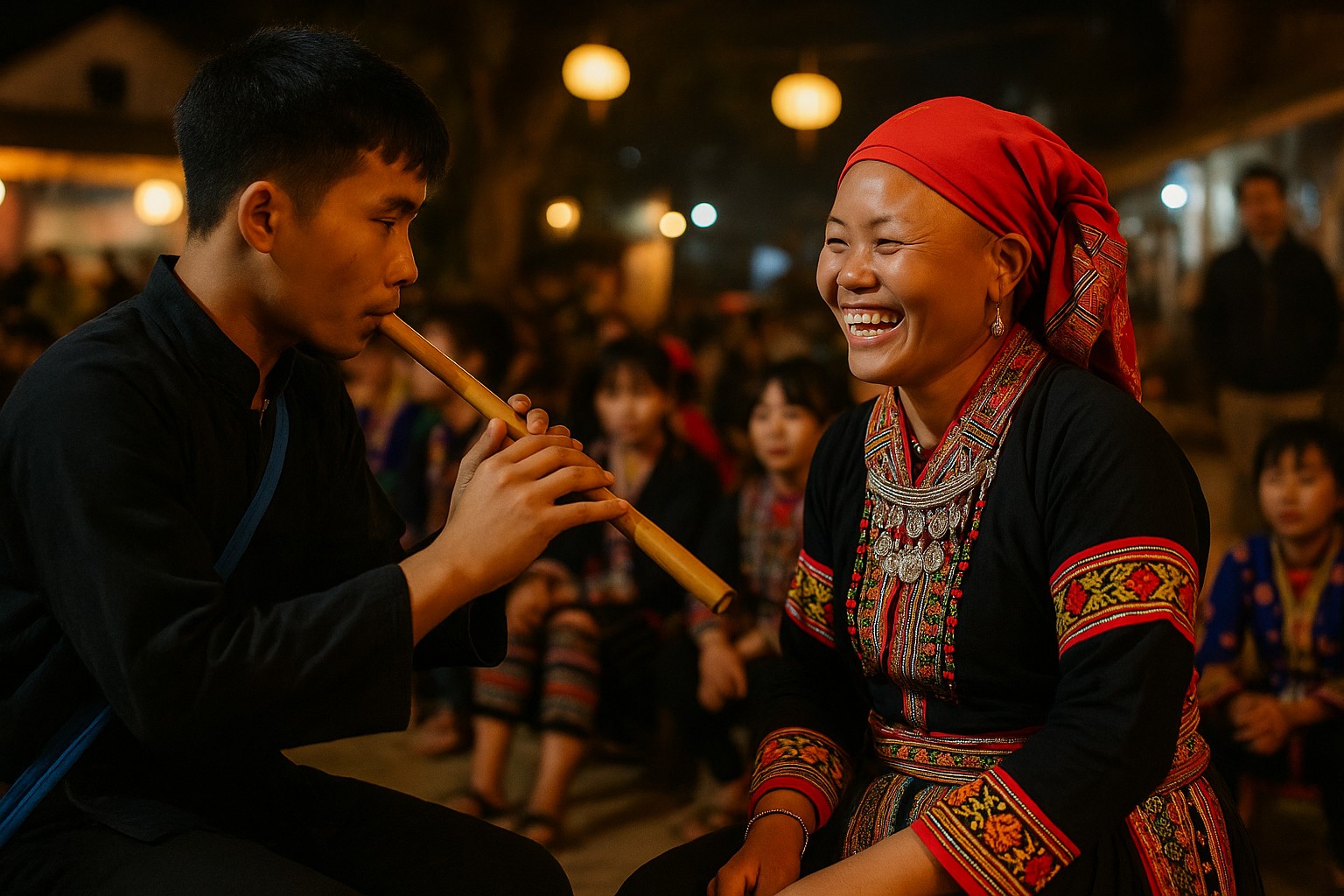 Ein junger Hmong-Mann spielt auf einer Bambusflöte für eine lachende Dao-Frau in traditioneller Tracht mit rotem Kopftuch und silbernem Schmuck beim Liebesmarkt in Sapa.