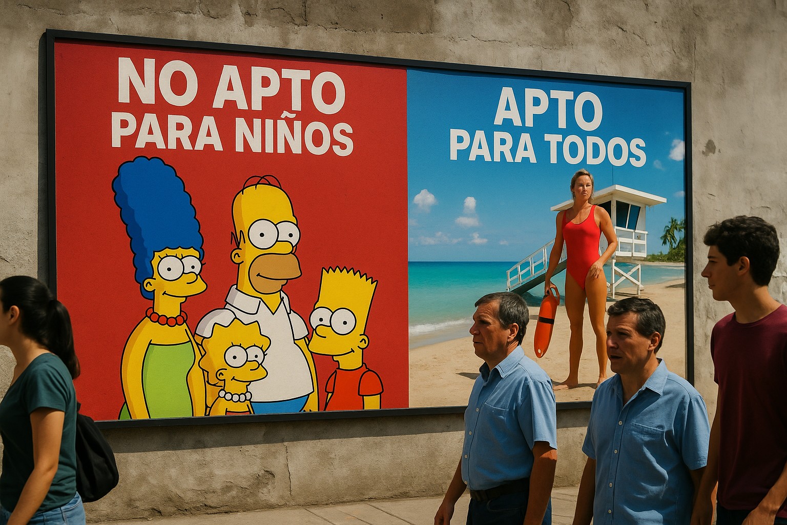 Ein realistisches Foto zeigt eine große Werbetafel in Caracas, die in zwei Hälften geteilt ist: links eine Karikaturfamilie mit dem Text „No apto para niños“, rechts eine Szene von einem Strand mit einer Rettungsschwimmerin und dem Text „Apto para todos“. Vor der Tafel gehen Passanten vorbei.
