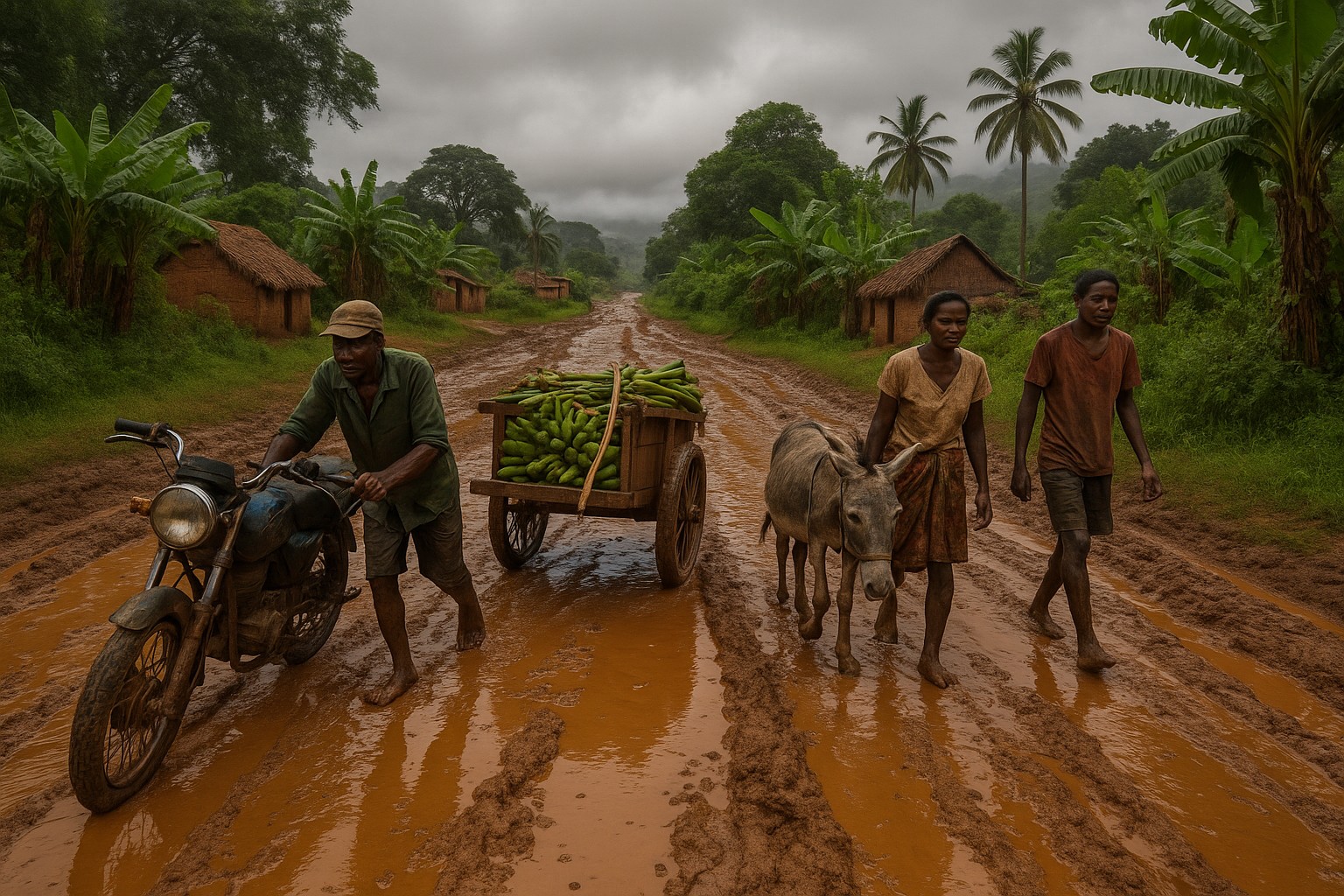 Ein schlammiger Feldweg in Madagaskar nach starkem Regen, mit großen Wasserpfützen, Palmen und Lehmhütten am Rand. Ein Bauer schiebt ein Motorrad im Schlamm, ein anderer zieht einen Esel, während eine Frau einen Karren voller Bananen begleitet.