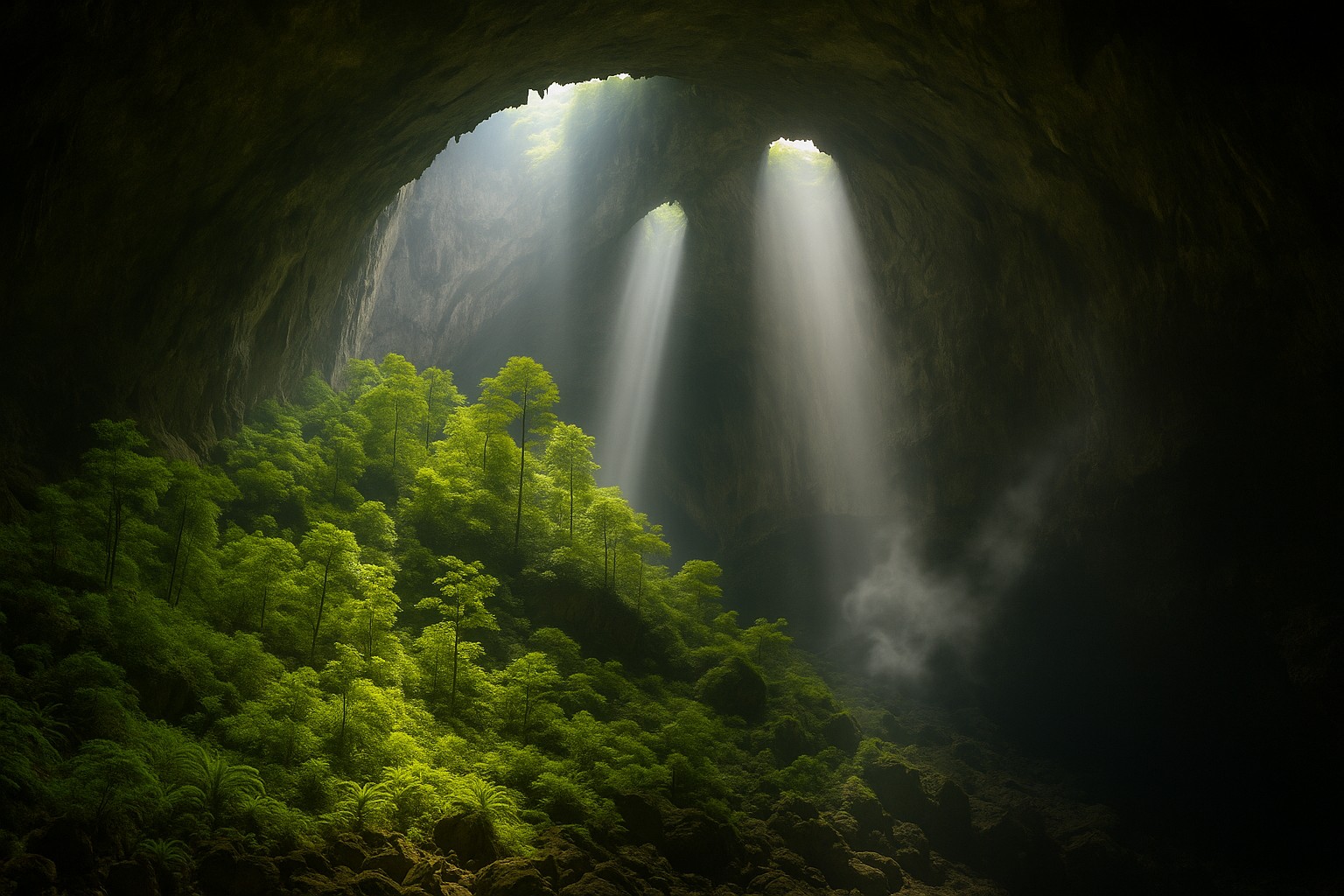 Innenaufnahme der Hang Sơn Đoòng-Höhle in Vietnam mit einer unterirdischen Dschungelfläche, die von Sonnenstrahlen durch riesige Deckenöffnungen erleuchtet wird.