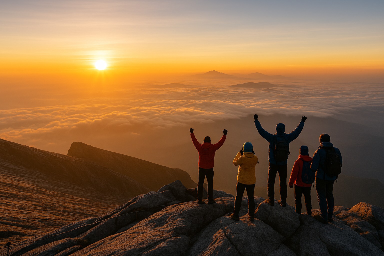 Bergsteiger auf dem Gipfel des Mount Kinabalu beobachten den Sonnenaufgang über einem endlosen Wolkenmeer, während das goldene Licht die Granitfelsen und die farbigen Jacken der Gruppe erleuchtet.