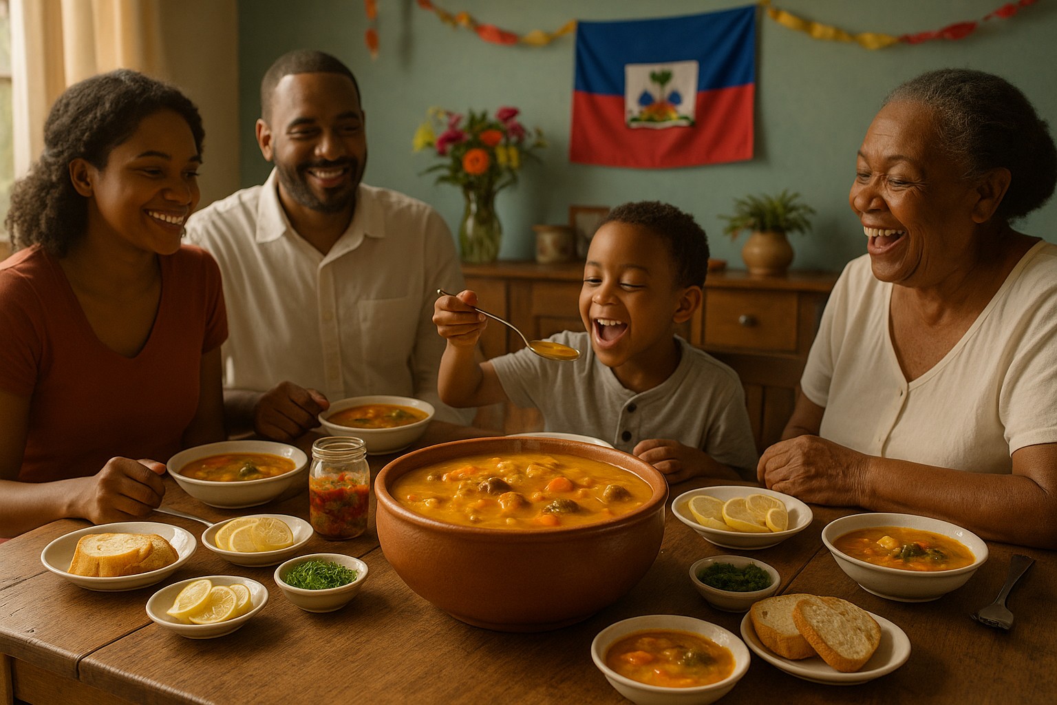 Eine haitianische Familie feiert Neujahr um einen Holztisch mit einem großen Topf dampfender Kürbissuppe „Soup Joumou“; Kind, Eltern und Großmutter lachen und teilen das Essen, dahinter hängt die Flagge Haitis.
