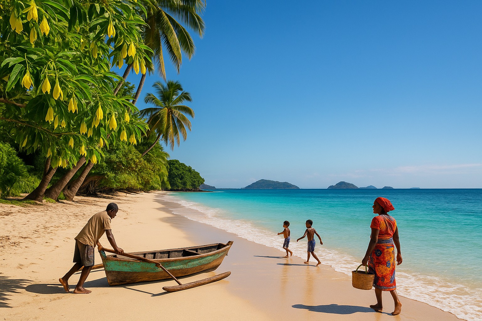 Ein tropischer Strand auf Nosy Be mit weißem Sand, türkisfarbenem Meer und blühenden Ylang-Ylang-Bäumen. Ein Fischer schiebt ein hölzernes Boot ins Wasser, während eine Frau im bunten Lamba mit Korb am Ufer steht und zwei Kinder barfuß am Wasser spielen.