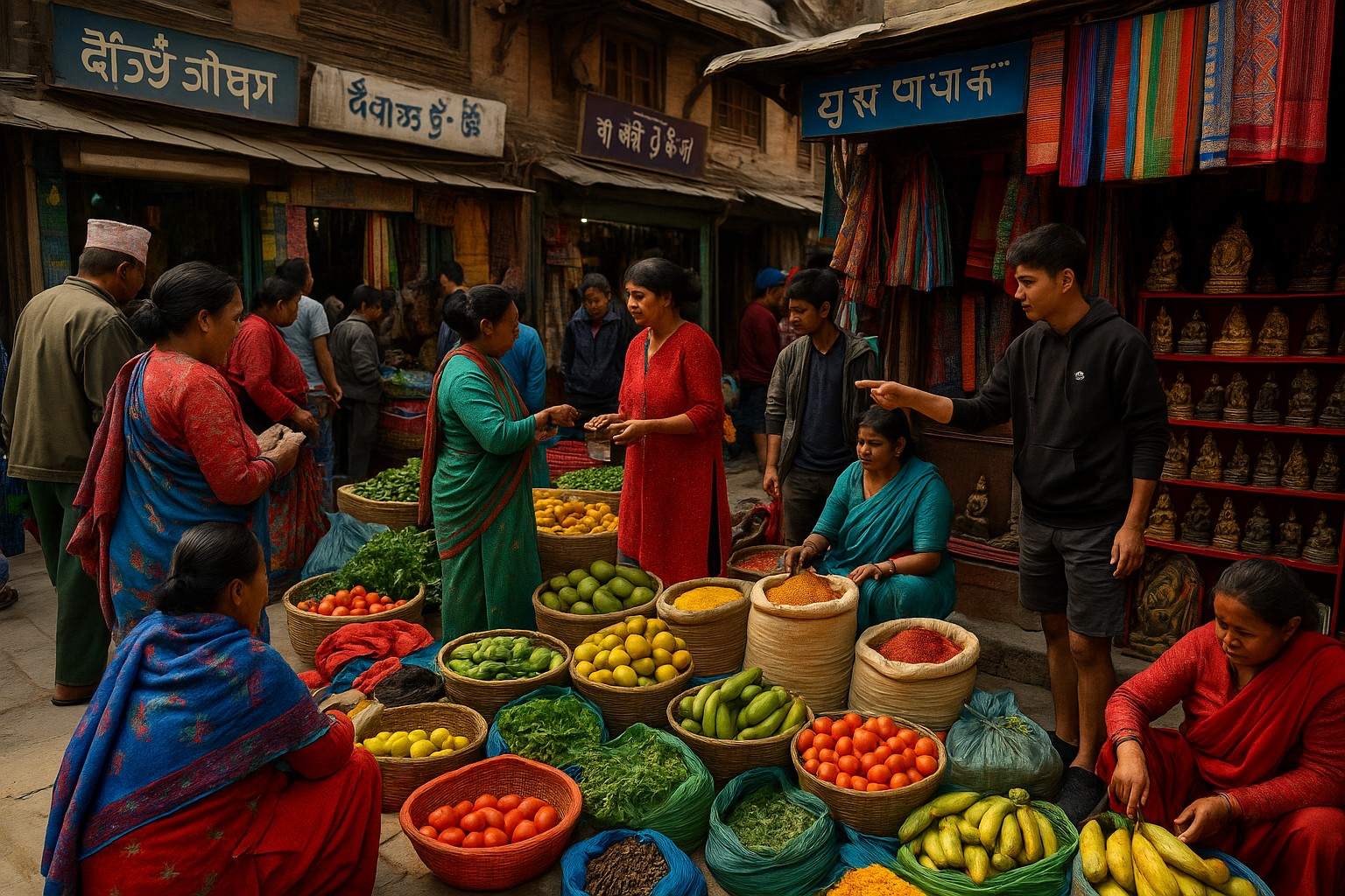 Ein geschäftiger Straßenmarkt in Kathmandu, Nepal, wo Händler in bunten Saris Gemüse, Obst und Gewürze in Körben anbieten, während Käufer lebhaft verhandeln.