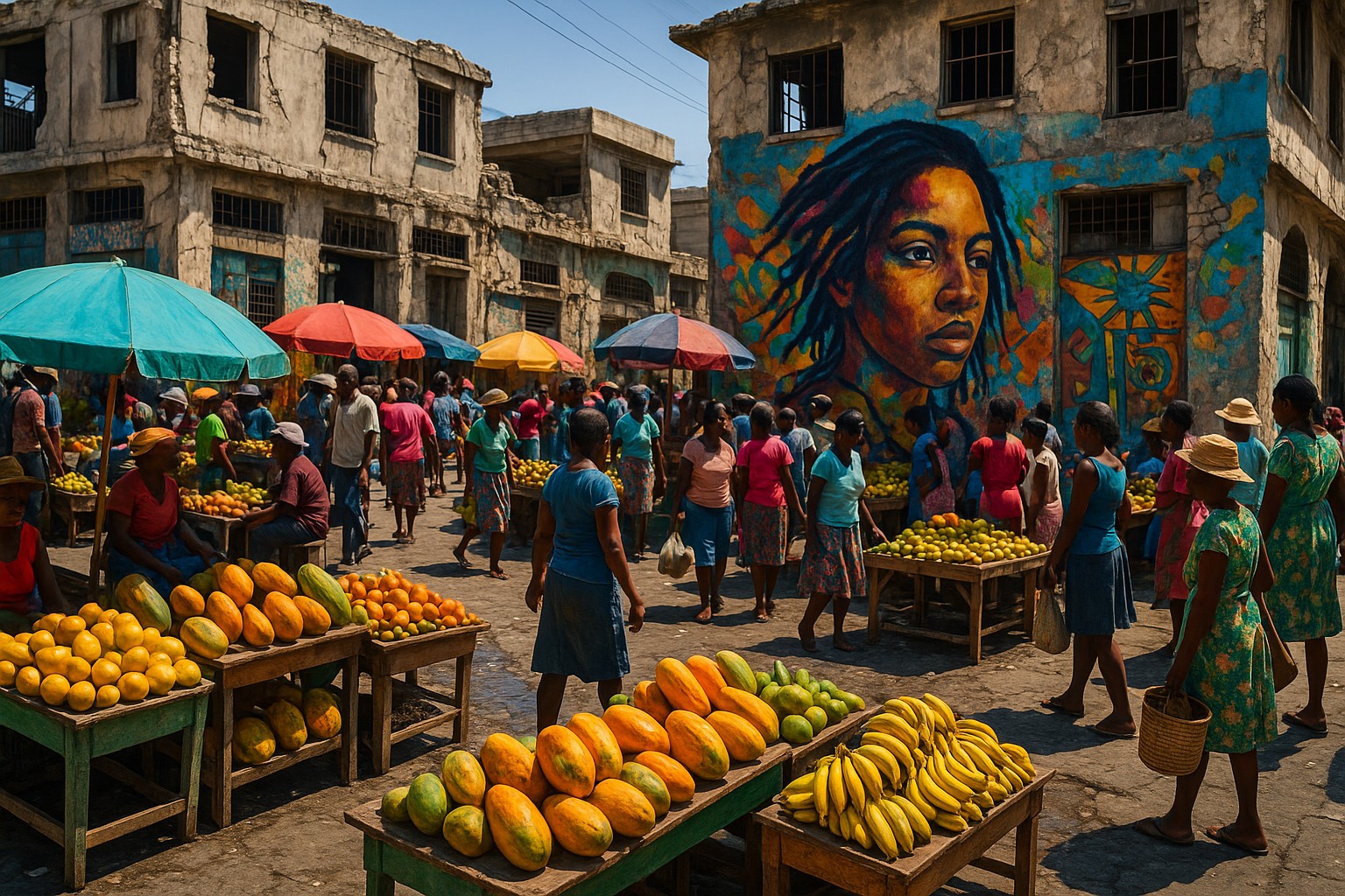 Ein lebendiger Straßenmarkt in Port-au-Prince mit bunten Sonnenschirmen, tropischen Früchten wie Mangos und Bananen, umgeben von Menschen in kräftiger Kleidung. Im Hintergrund stehen erdbebengeschädigte Gebäude mit einer großen, farbenfrohen Wandmalerei eines Gesichts.
