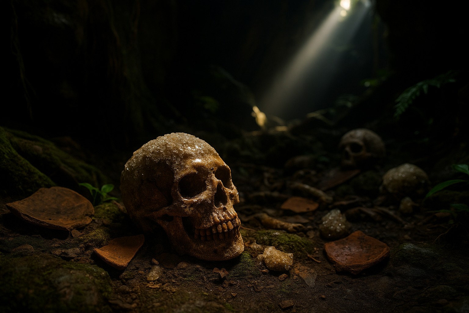 Ein mit Calcitkristallen bedeckter Schädel leuchtet im Inneren der Talgua-Höhle in Honduras, umgeben von Keramikscherben und weiteren Knochen im Halbdunkel.
