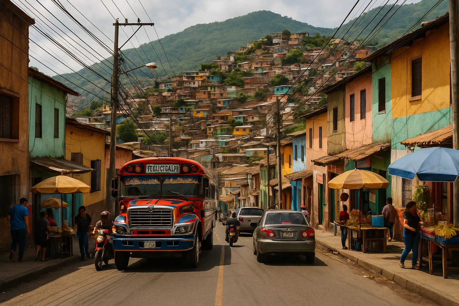 Straße in Tegucigalpa mit bunten Häusern, Marktständen und einem farbenfrohen „Chicken Bus“, im Hintergrund dichte Häuser an den Berghängen.
