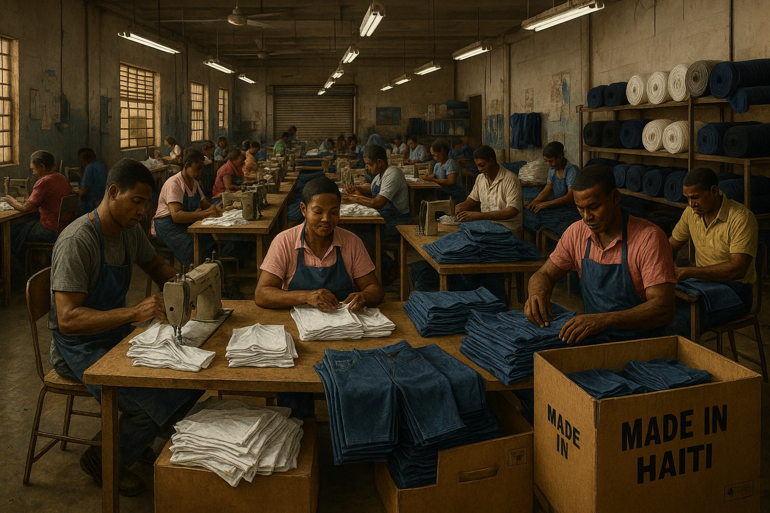 Arbeiterinnen und Arbeiter in einer haitianischen Textilfabrik nähen, falten und verpacken Kleidung; auf einem Karton steht deutlich „Made in Haiti“.
