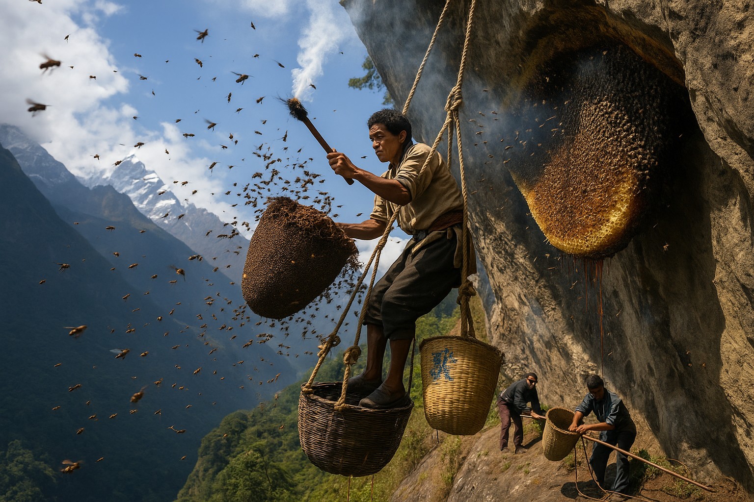 Ein hochauflösendes Foto zeigt einen traditionellen Gurung-Imker in Nepal, der mit Bambusseilen an einer steilen Felswand hängt, während er Honig von einem riesigen Bienenstock der Apis laboriosa erntet. Rauch steigt auf, um die Bienen zu beruhigen, während zwei Männer unten die Seile halten. Im Hintergrund sind verschneite Himalaya-Gipfel und grüne Täler sichtbar.