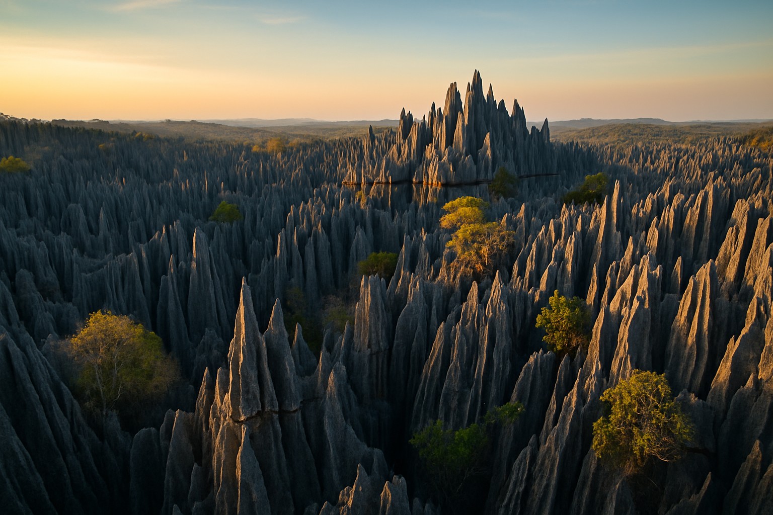 Ein Luftbild zeigt die Kalksteinformationen von Tsingy Ankarana im Norden Madagaskars im goldenen Abendlicht; die spitzen Felsen ragen wie Nadeln in den Himmel, zwischen ihnen wachsen vereinzelte grüne Bäume.