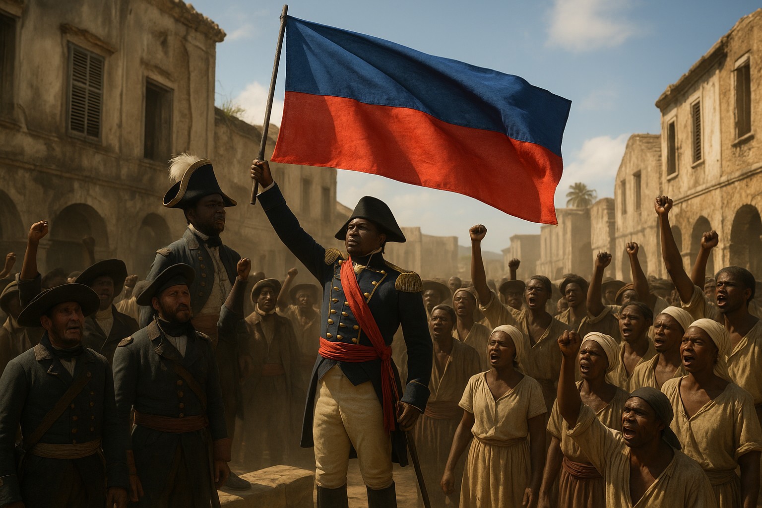 Jean-Jacques Dessalines hebt am 1. Januar 1804 in Gonaïves die erste haitianische Fahne (blau über rot, ohne Wappen) vor einer jubelnden Menge ehemaliger Sklaven und Revolutionäre.
